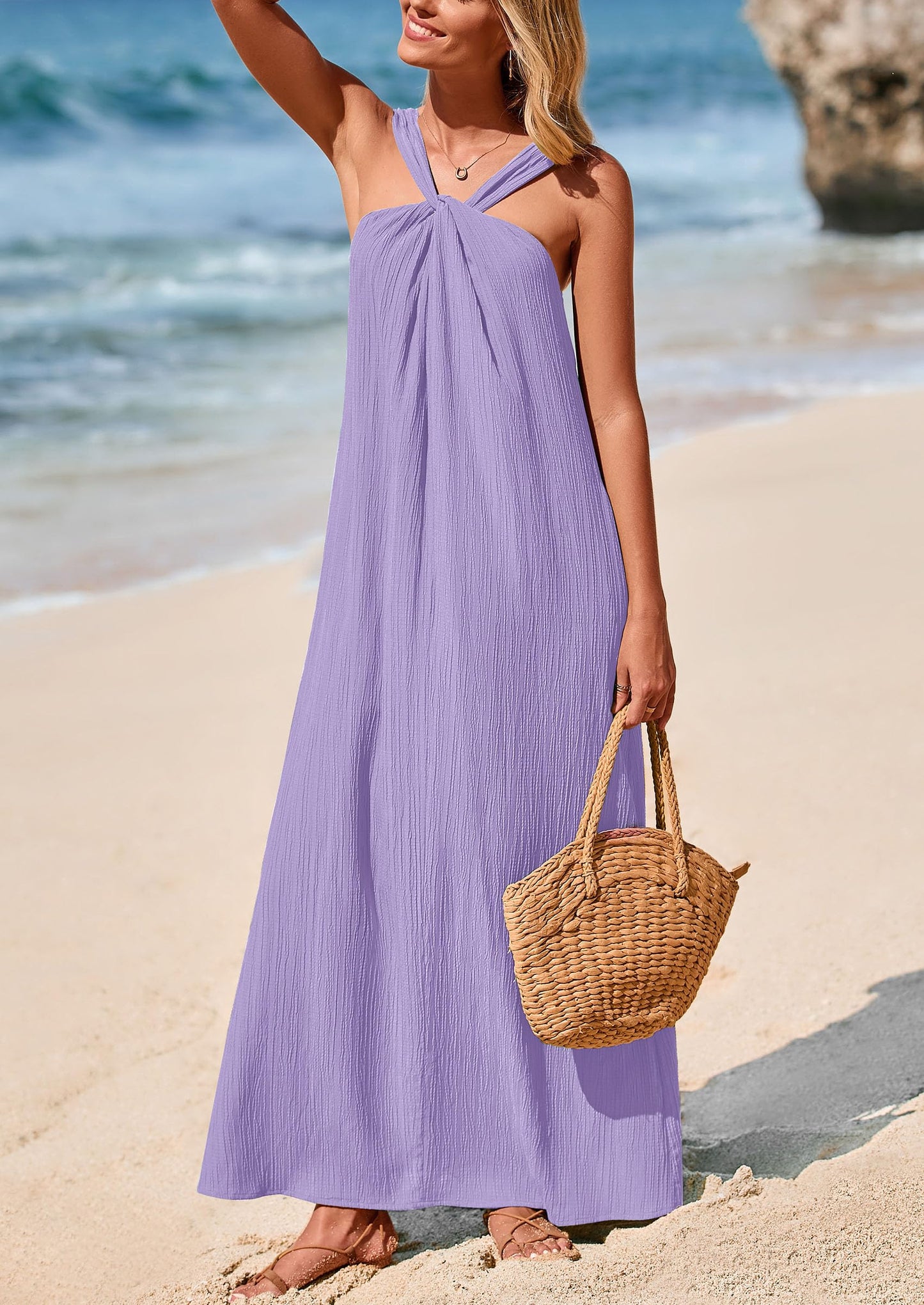 Womens Casual Long Summer Dresses Sleeveless Strappy Loose Flowy Beach Vacation Maxi Dress with Pockets