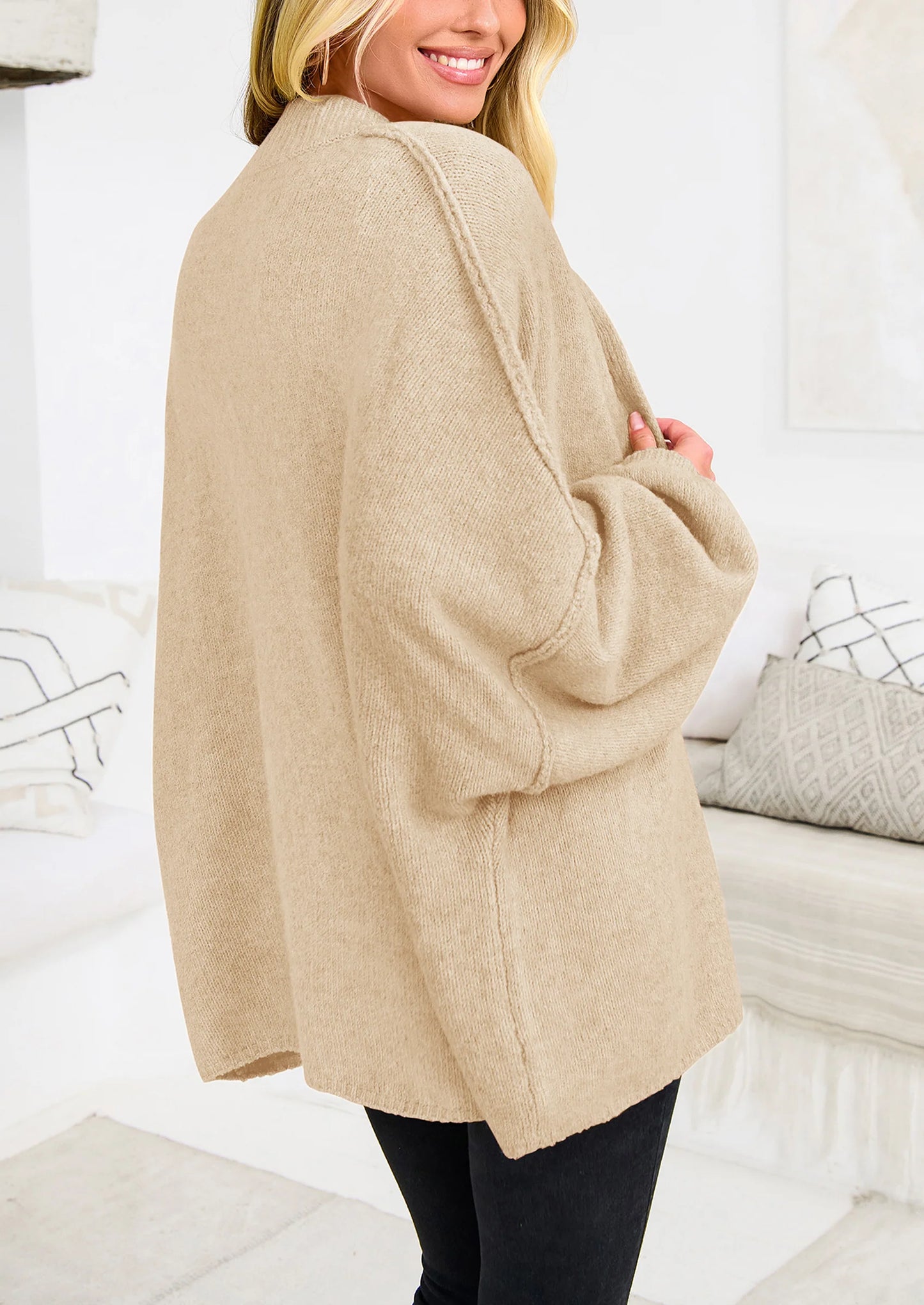 Women's Winter Button Down Cardigan Sweaters Mock Neck Lantern Long Sleeve Chunky Knit Jacket Trendy Outerwear