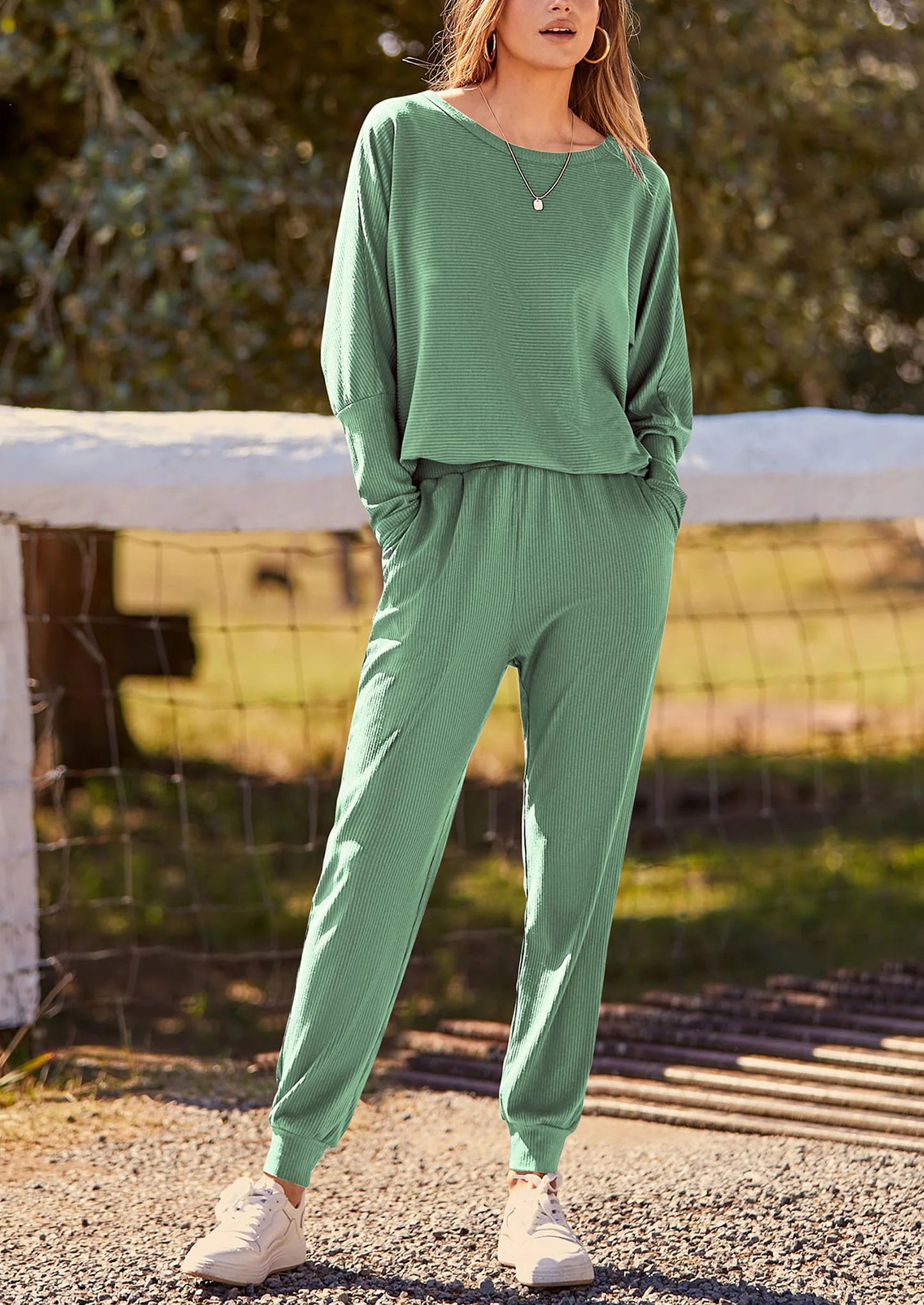Women's Fall 2 Piece Lounge Set Long Sleeve Tops Ribbed Pants Spring Matching Sweatsuit Travel Outfits Clothes