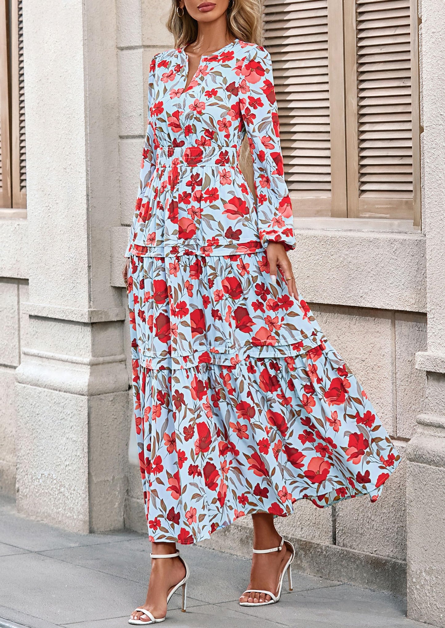 Women's Fall Boho Maxi Dresses Floral Long Sleeve V Neck Flowy Elegant Wedding Guest Dress Vacation Outfits