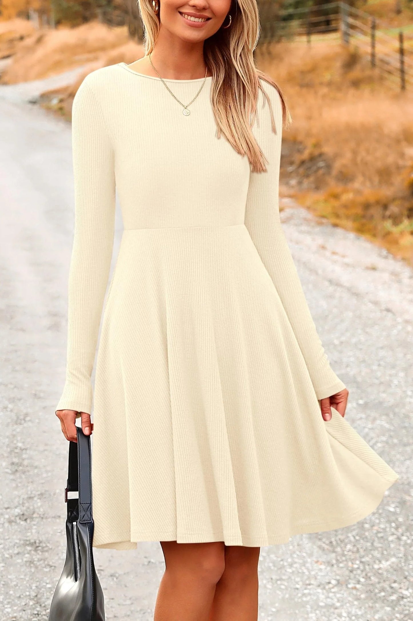 Women's Spring Fall Short Dress Ribbed Knit Crewneck Long Sleeve A Line Flowy Casual Elegant Going Out Dresses