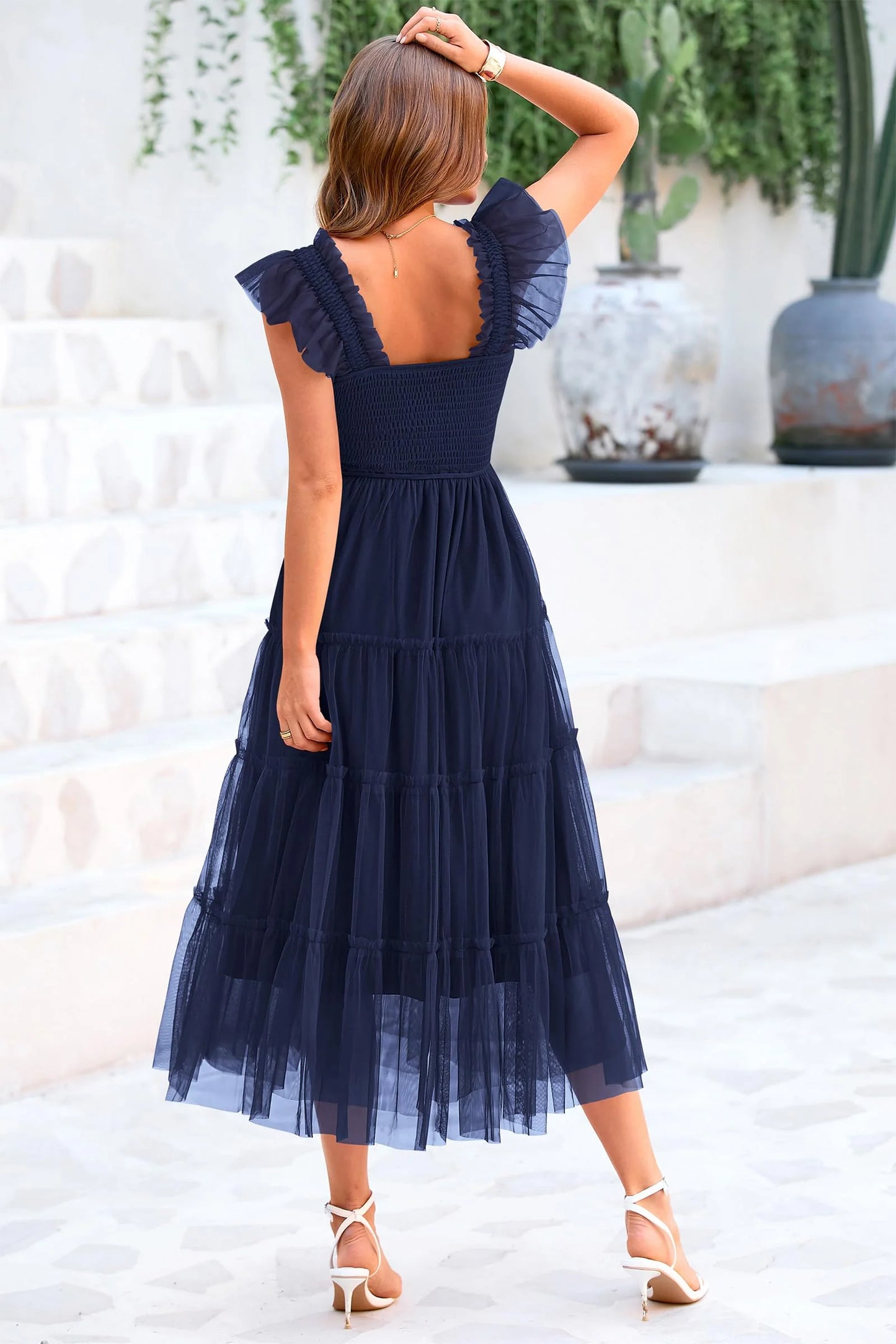 Women's Tulle Midi Dress Sleeveless Smocked Ruffle Mesh Flowy Dresses Party Wedding Guest Sundress