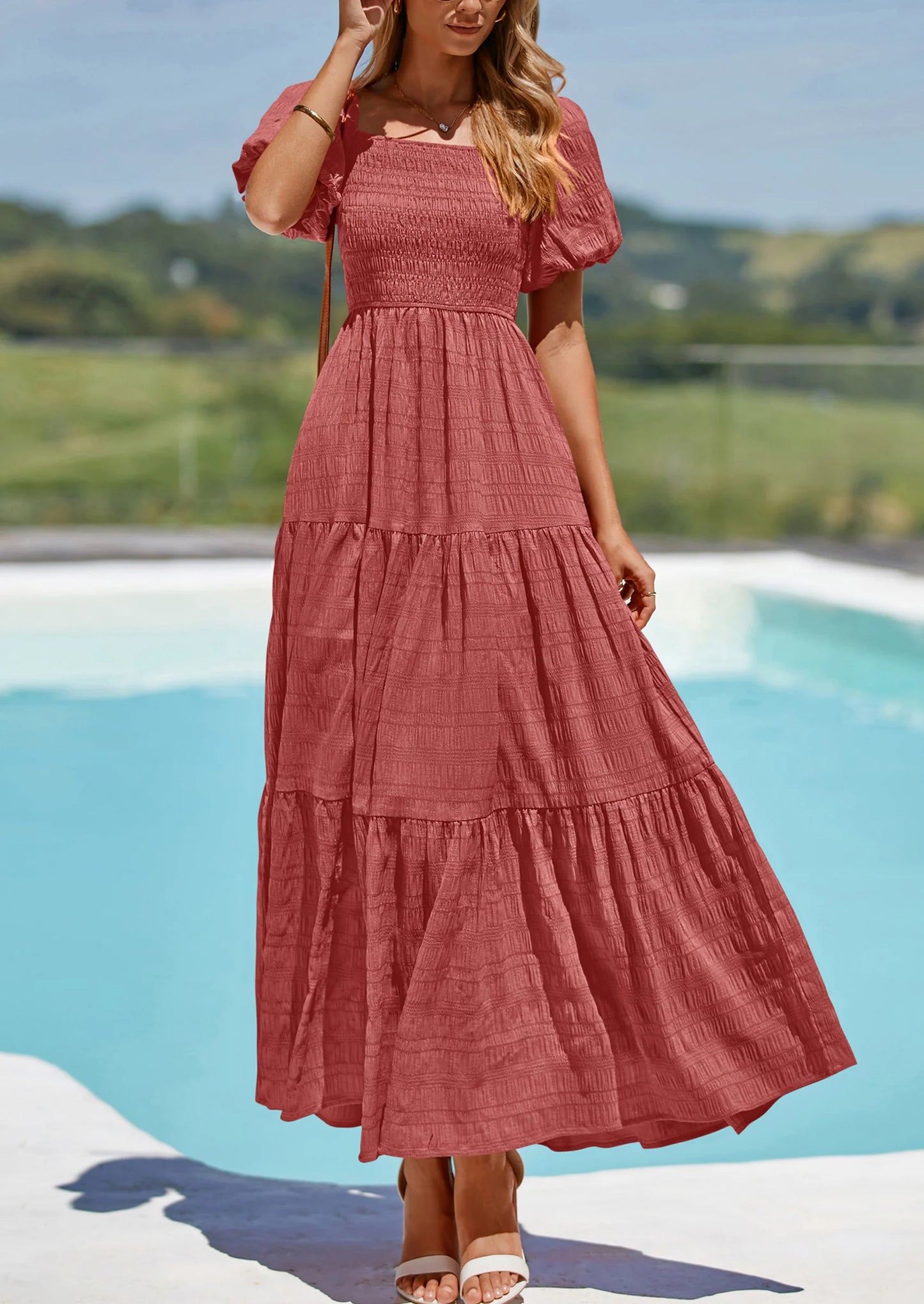 Womens Summer Puff Short Sleeve Maxi Dress Square Neck Smocked Tiered Ruffle A Line Long Flowy Beach Dresses