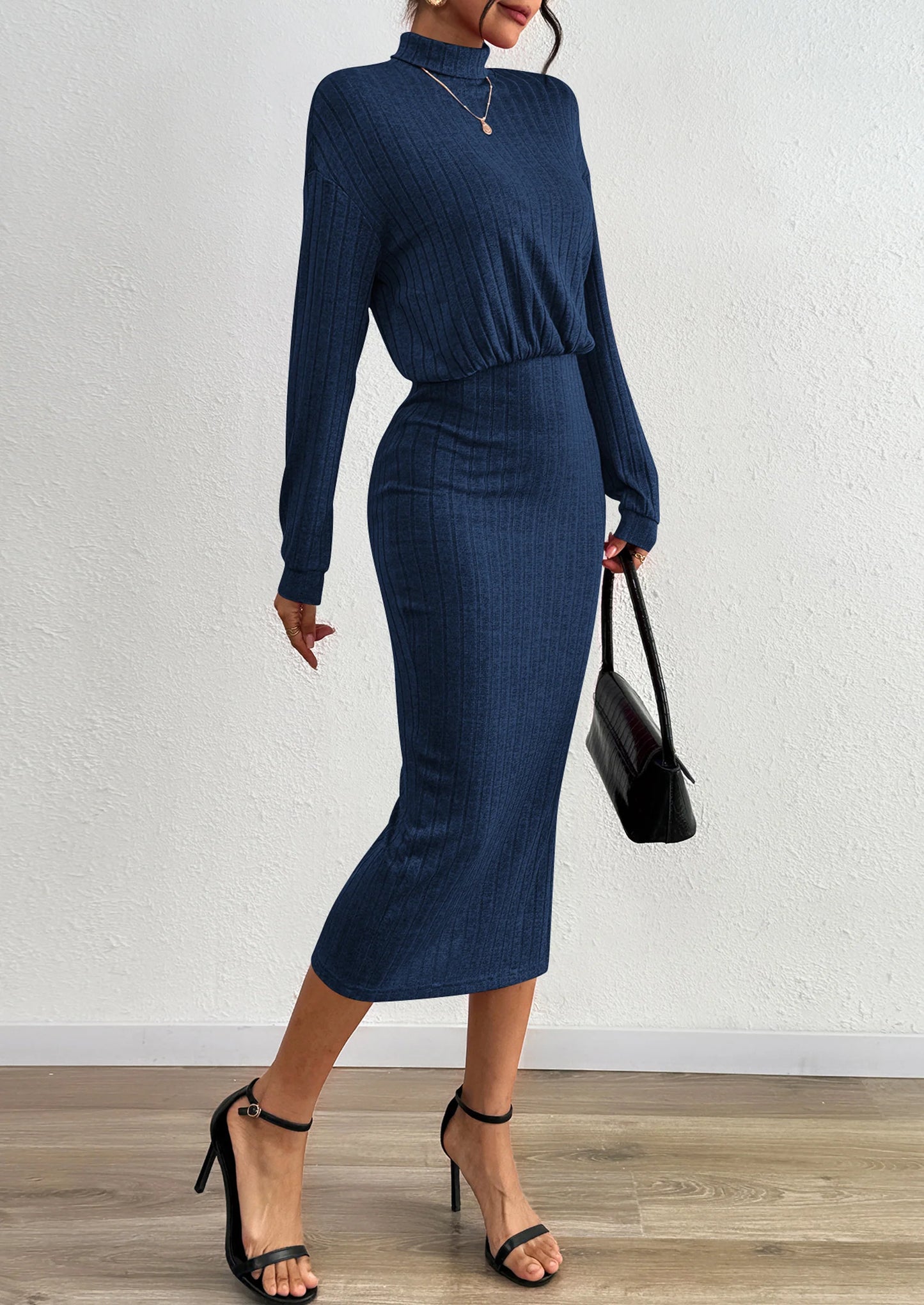Turtle Neck Dresses for Women Fall Knit Outfits Slit Elastic Waist Long Sleeve Bodycon Midi Sweater Dress