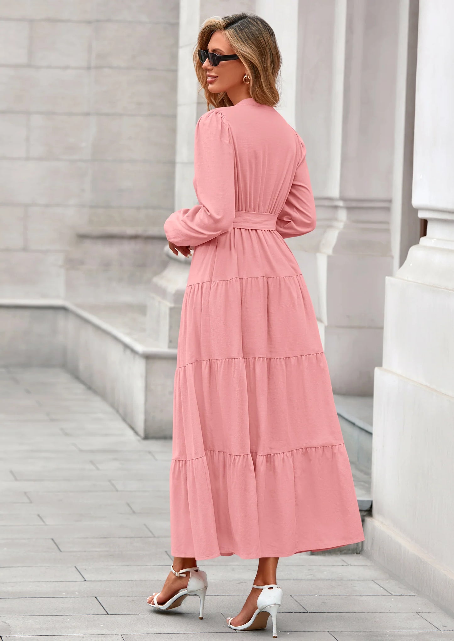 Fall Dresses for Women Long Sleeve V Neck Belted Ruffle A Line Flowy Boho Maxi Wedding Guest Dress Pockets
