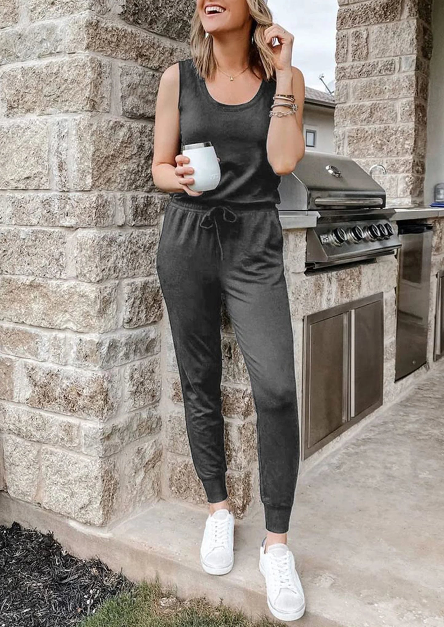 Two Piece Outfit Sets Casual Sleeveless Crewneck Tops and Sweatpants