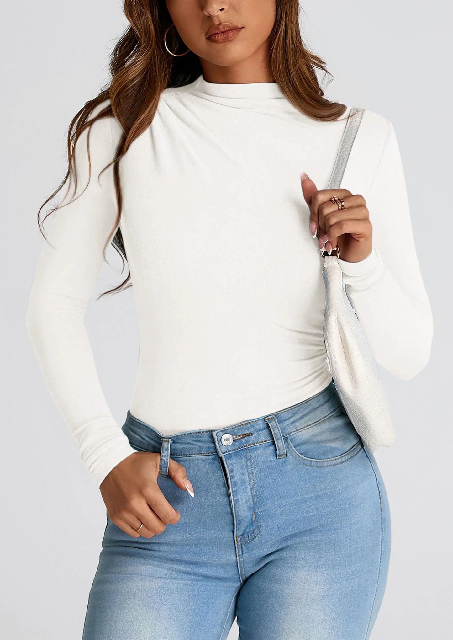 Womens Fall Y2K Going Out Crop Tops Long Sleeve Mock Neck Ruched Slim Fitted Basic Trendy Casual T Shirts Blouse