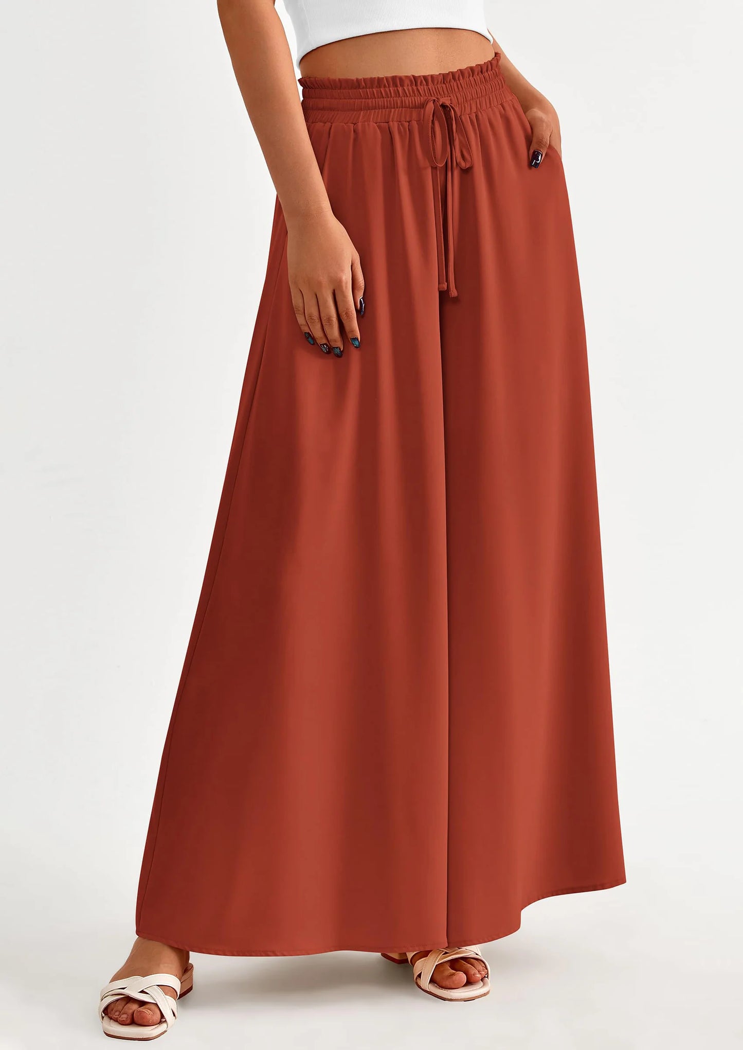 Women's Summer Wide Leg Palazzo Pants High Waisted Flowy Pockets Trendy Casual Lounge Boho Beach Trousers