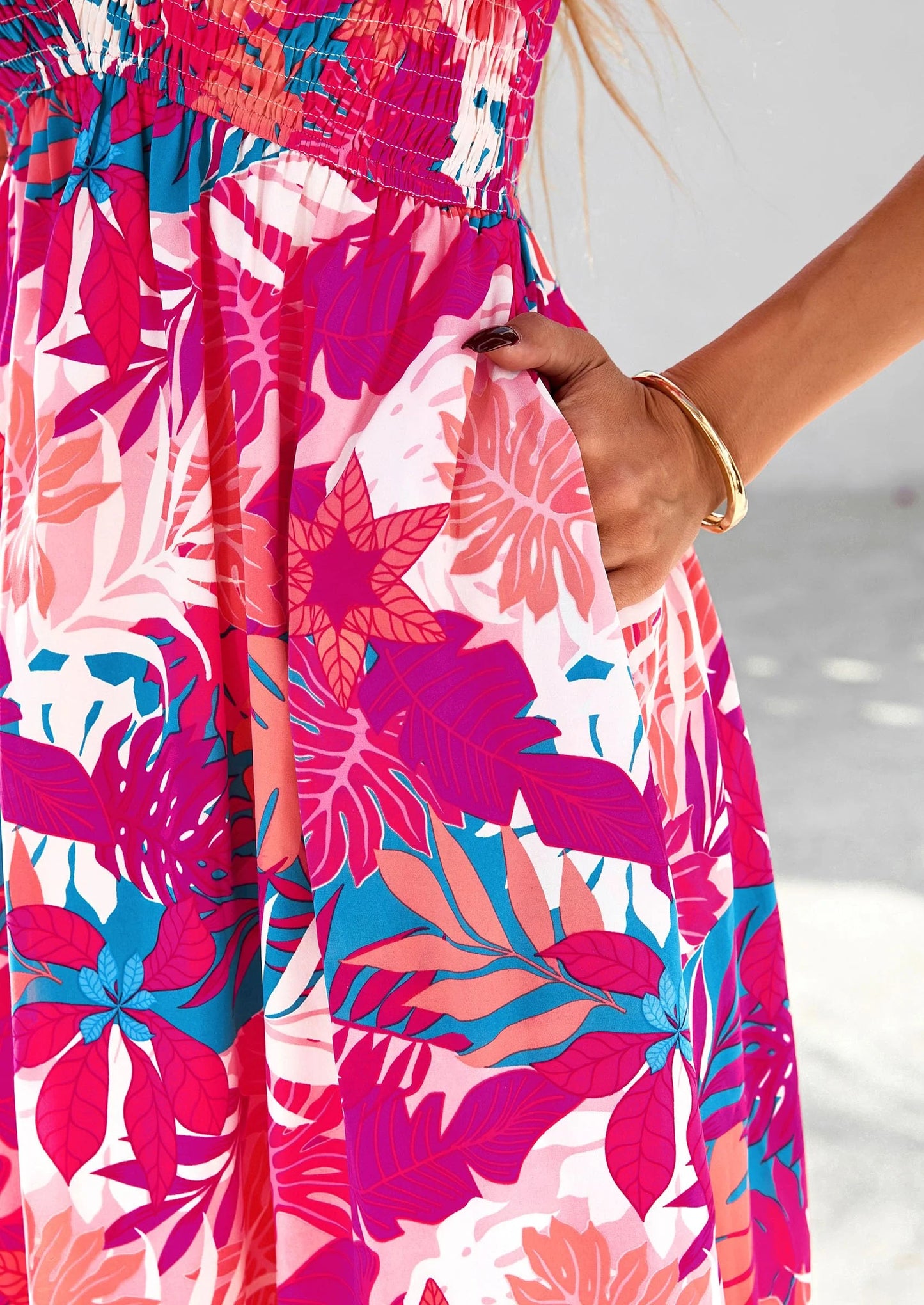Women Floral Boho Maxi Dresses Short Sleeve V Neck Smocked A Line Long Flowy Beach Vacation Dress