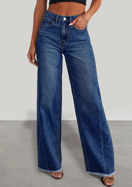 Wide Leg Jeans for Women Trendy High Waisted Stretchy Baggy Raw Hem Denim Palazzo Pants with Pockets
