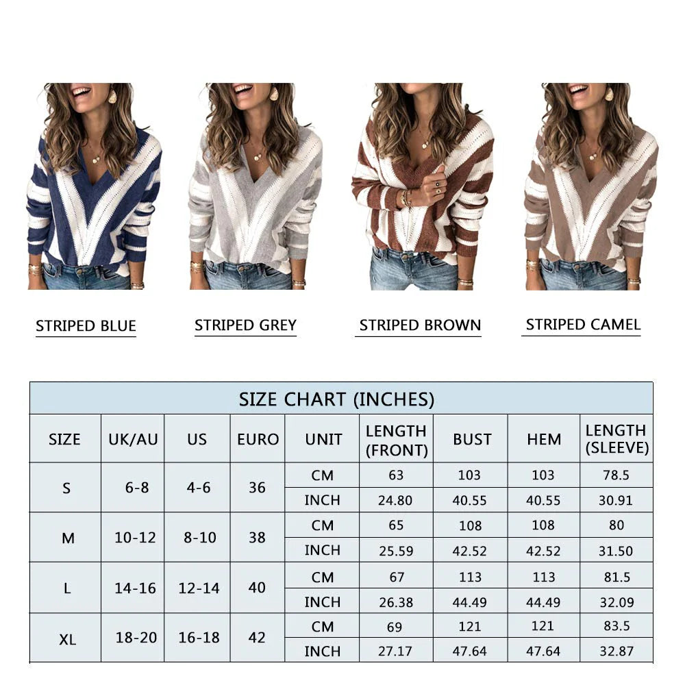 Women's Fashion Long Sleeve Striped Color Block Knitted Sweater Crew Neck Loose Pullover Jumper Tops