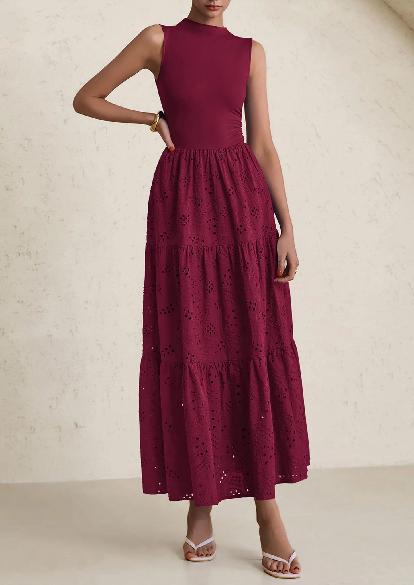 Dresses for Women Casual Eyelet Sleeveless Wedding Guest Maxi Dress Tank Top Sundress with Pockets