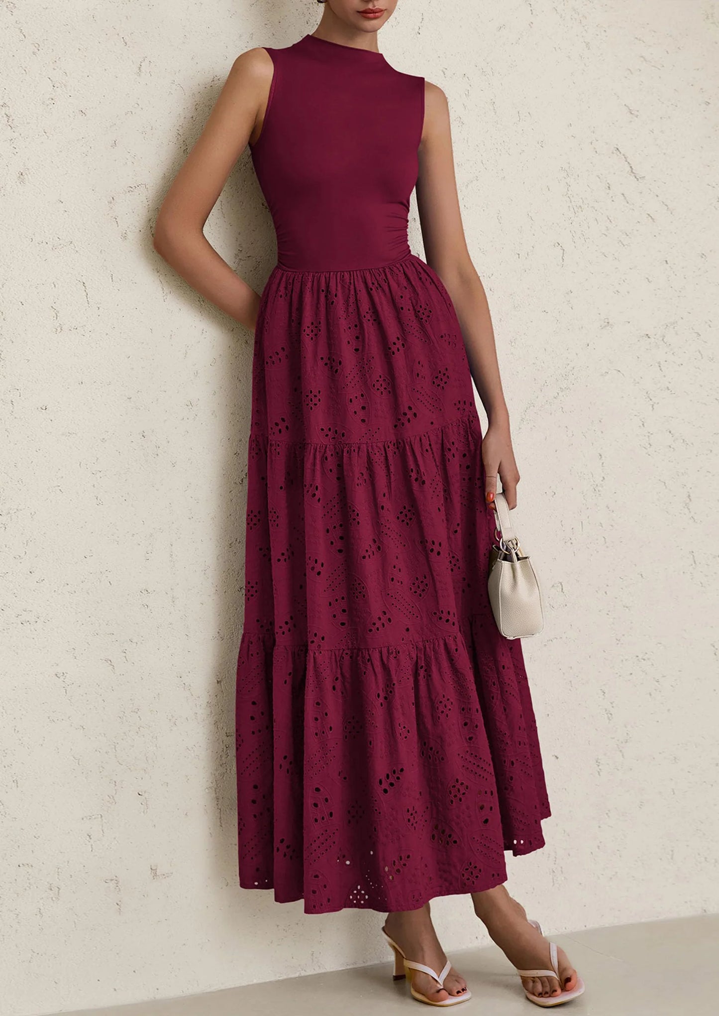 Dresses for Women Casual Eyelet Sleeveless Wedding Guest Maxi Dress Tank Top Sundress with Pockets