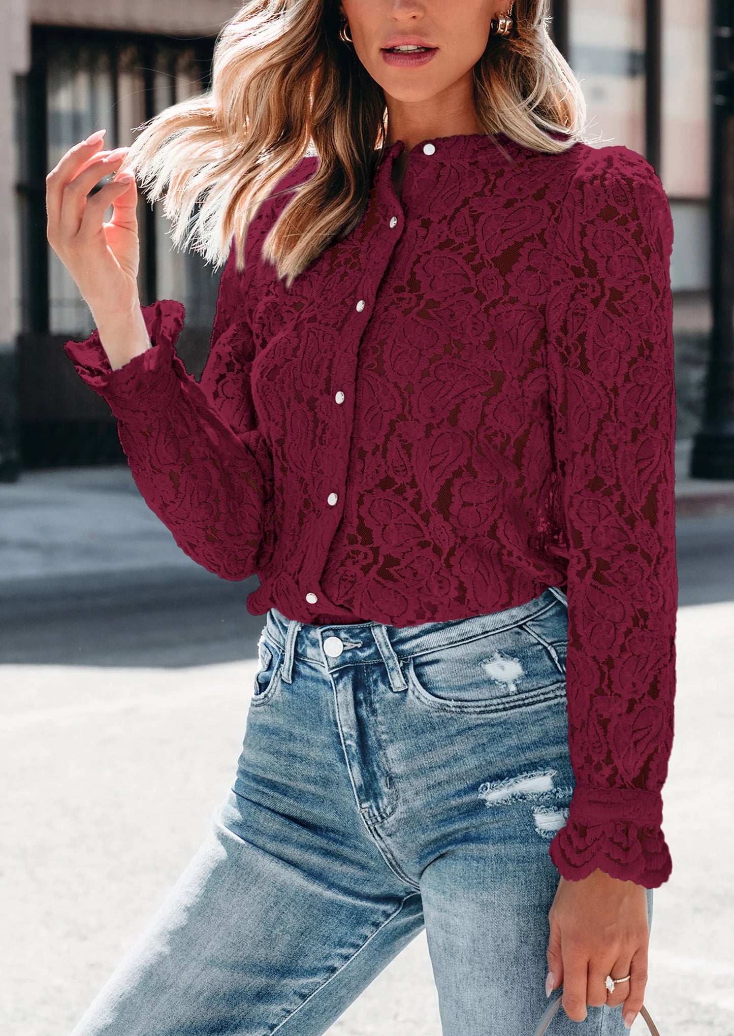 Women's Dressy Casual Lace Blouse Long Sleeve Button Up Shirts Tops Spring Fall Fashion Clothes