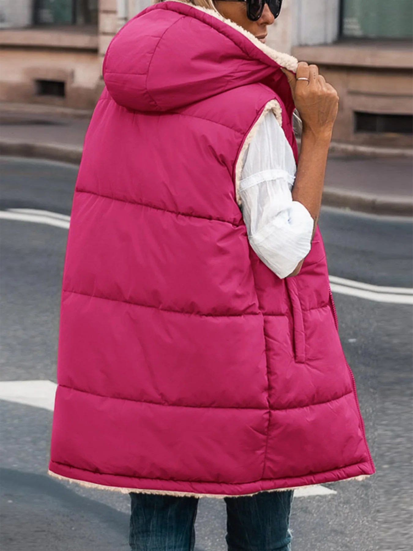 Womens Fall Reversible Vests Sleeveless Fleece Jacket Zip Up Hoodie Pockets Long Warm Winter Coat Outerwear