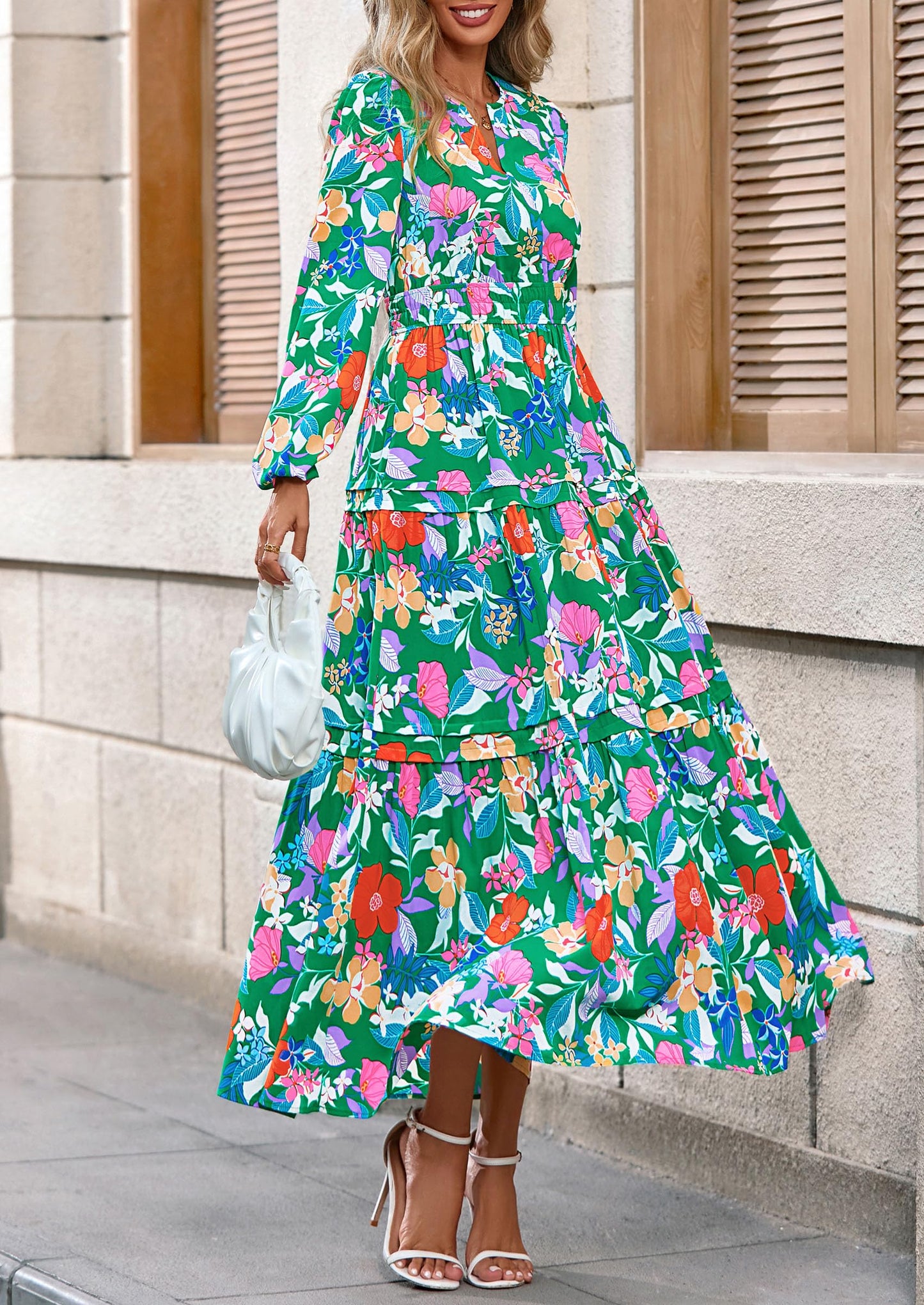 Women's Fall Boho Maxi Dresses Floral Long Sleeve V Neck Flowy Elegant Wedding Guest Dress Vacation Outfits