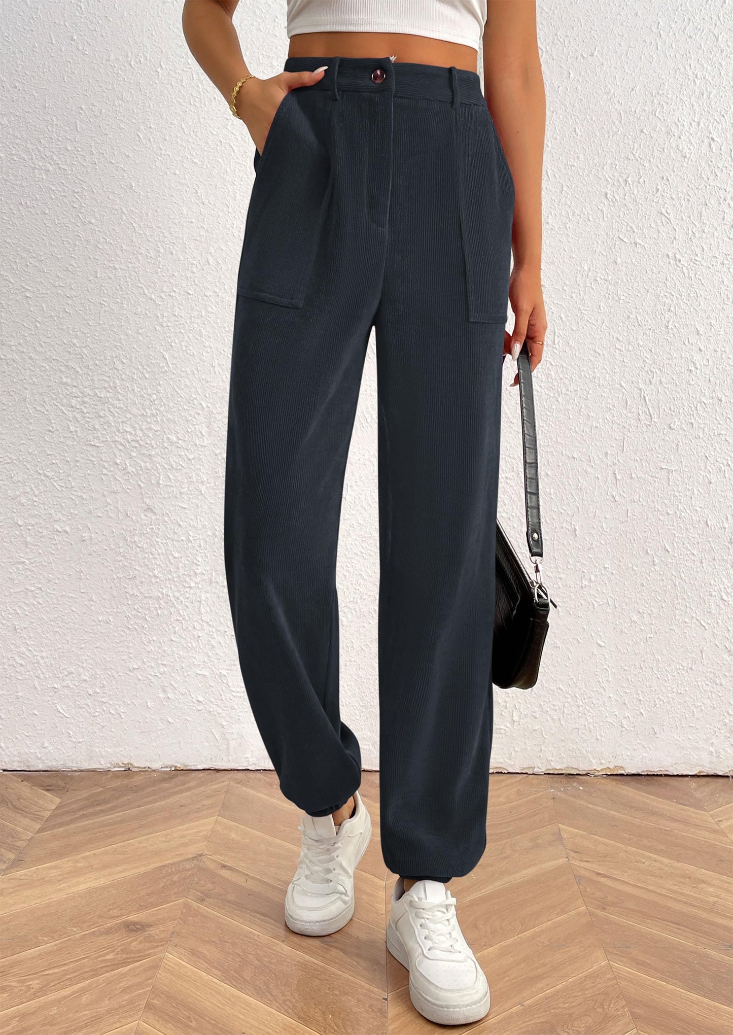 Women's Pants Dressy Casual Fall Elastic High Waisted Work Office Corduroy Trouser Slacks with Pockets