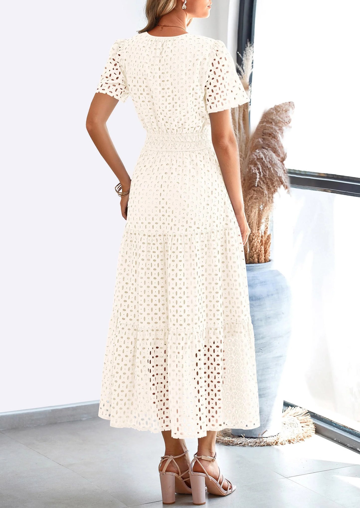 Womens Maxi Dress Short Sleeve V Neck Hollow Out Eyelet A Line Long Flowy Beach Vacation Dresses