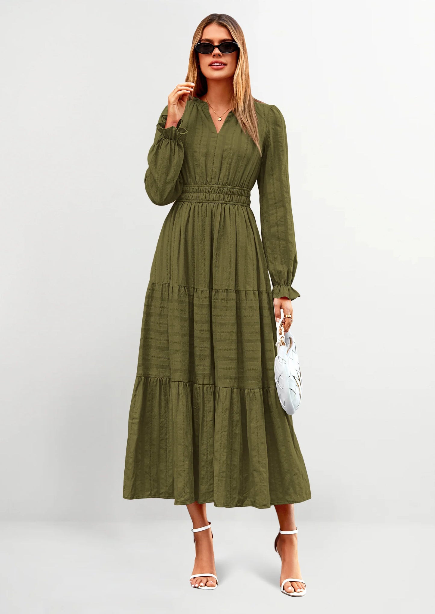 Women's Fall Wedding Guest Dresses Long Sleeve V Neck Flowy Elegant Holiday Party Maxi Dress with Pockets