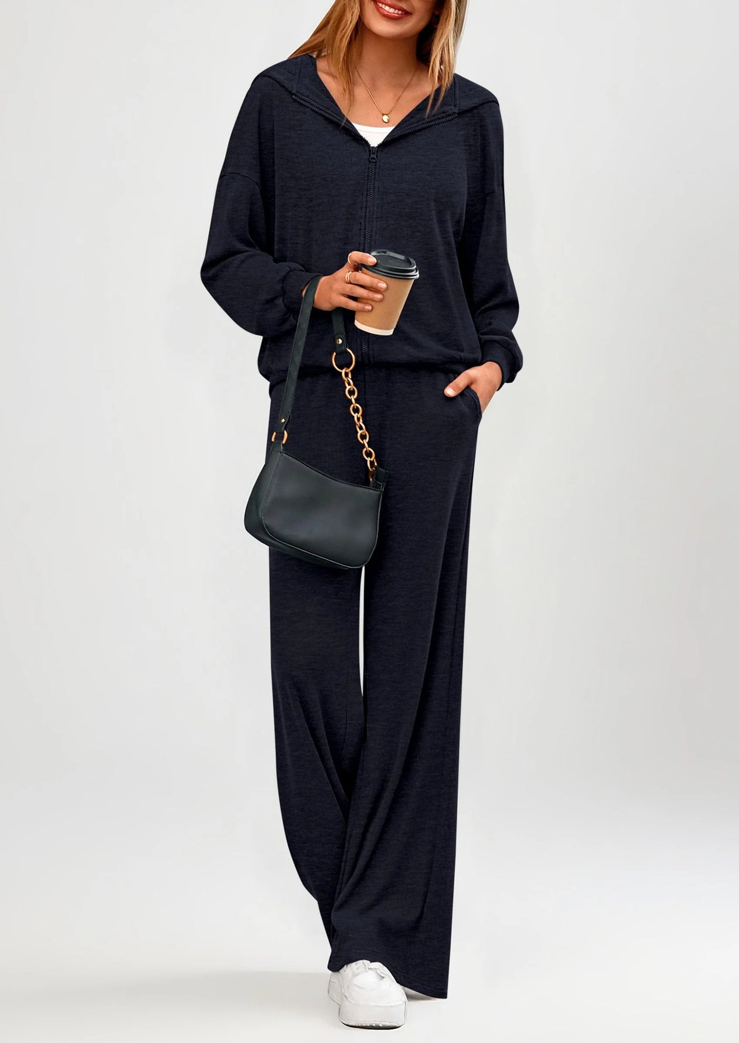 Women's 2 Piece Fall Lounge Sets Zip Up Hoodie Wide Leg Pants Tracksuit Matching Travel Outfits Clothes