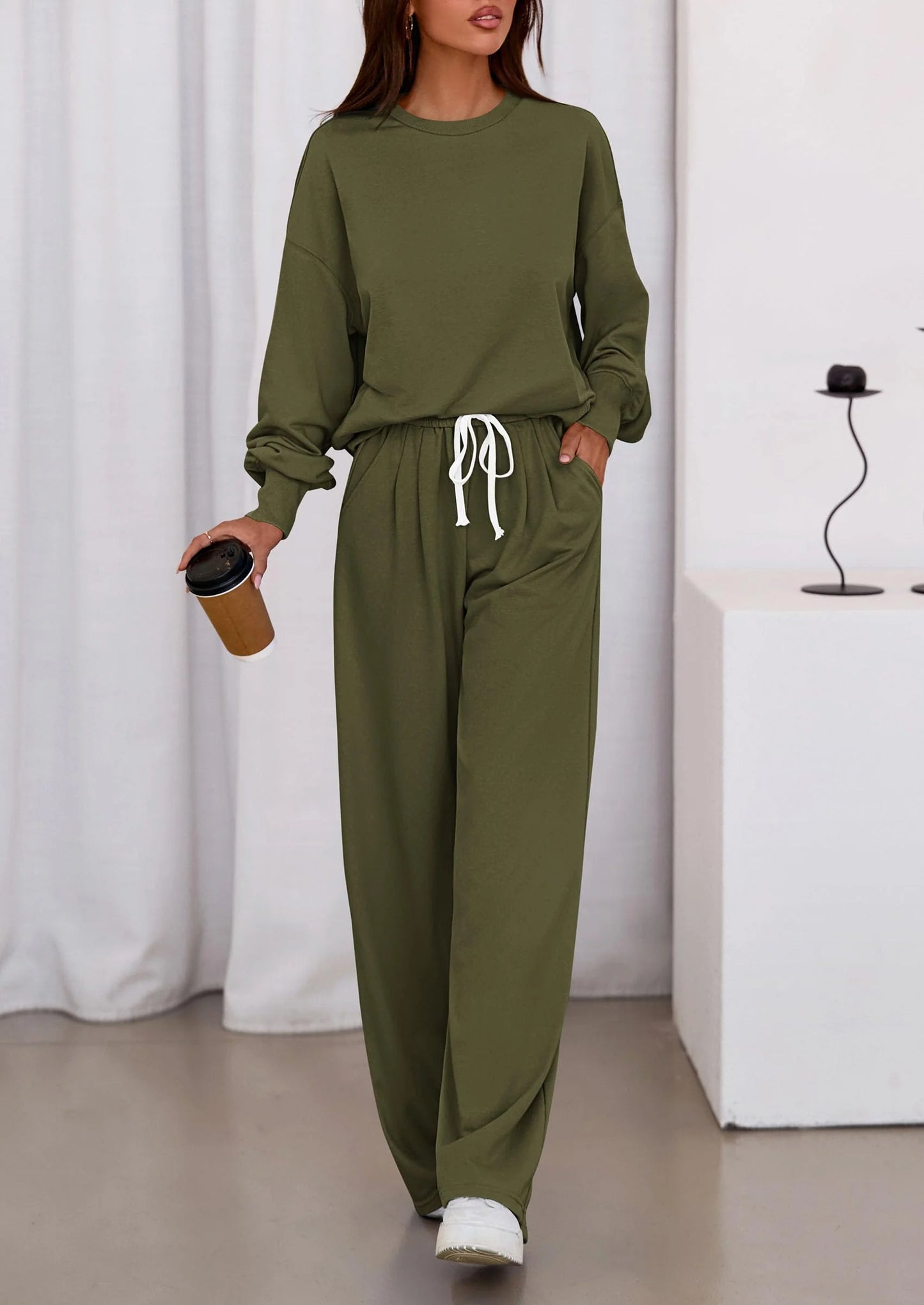 Womens 2 Piece Sets Long Sleeve Sweatshirt Wide Leg Pants Loose Matching Lounge Set Trendy Fall Outfits