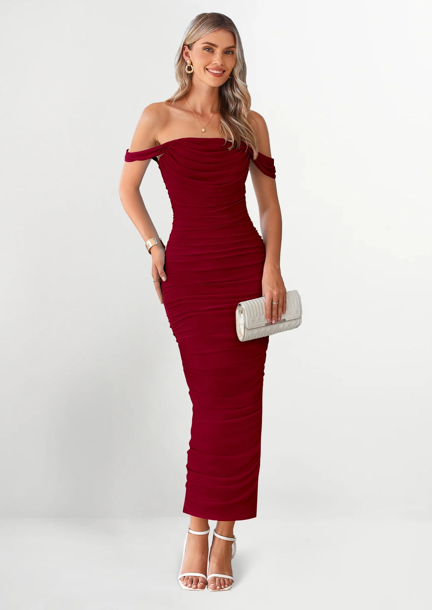 Womens Off The Shoulder Dress Ruched Bodycon Sleeveless Split Cocktail Party Maxi Dresses