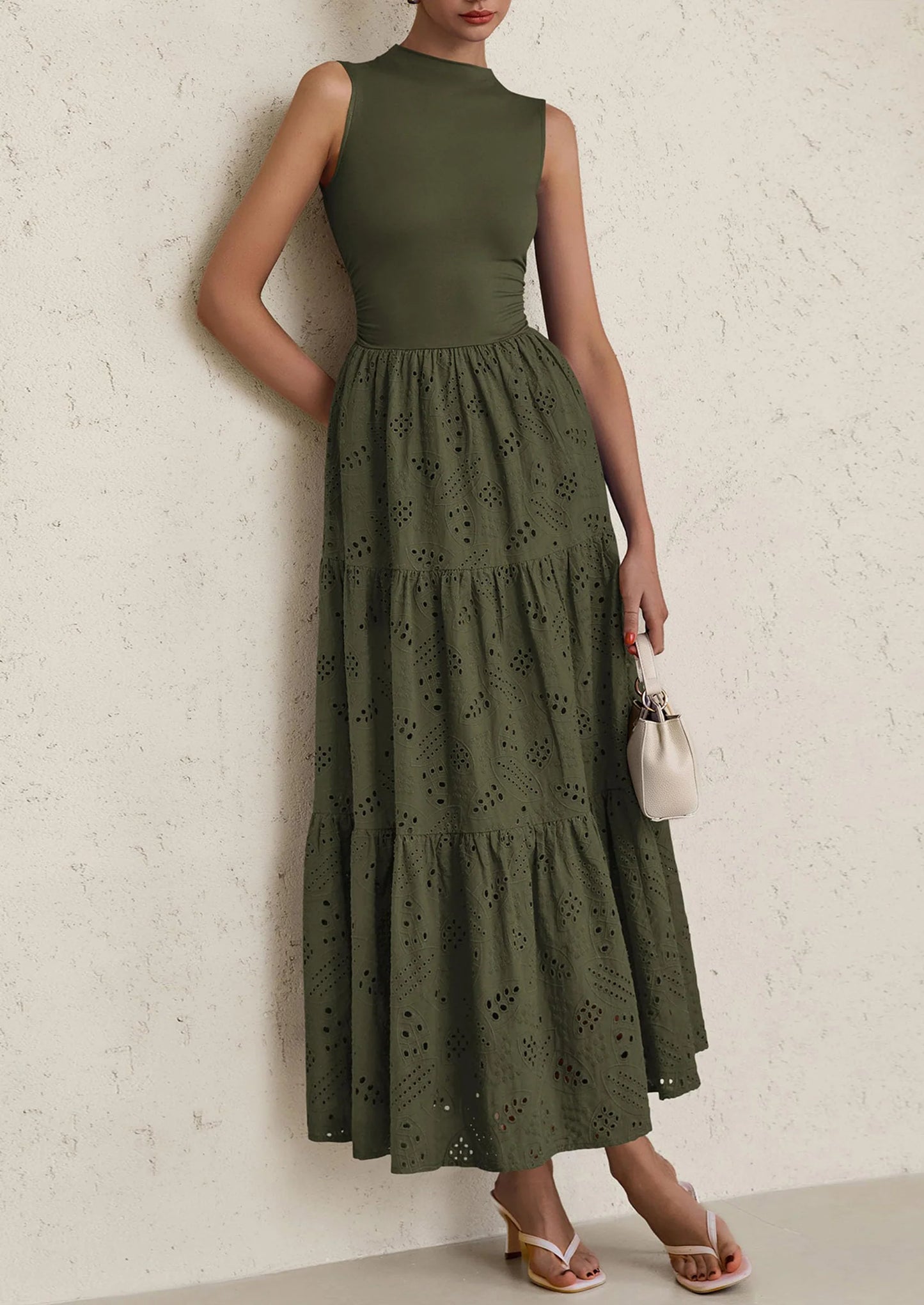 Dresses for Women Casual Eyelet Sleeveless Wedding Guest Maxi Dress Tank Top Sundress with Pockets