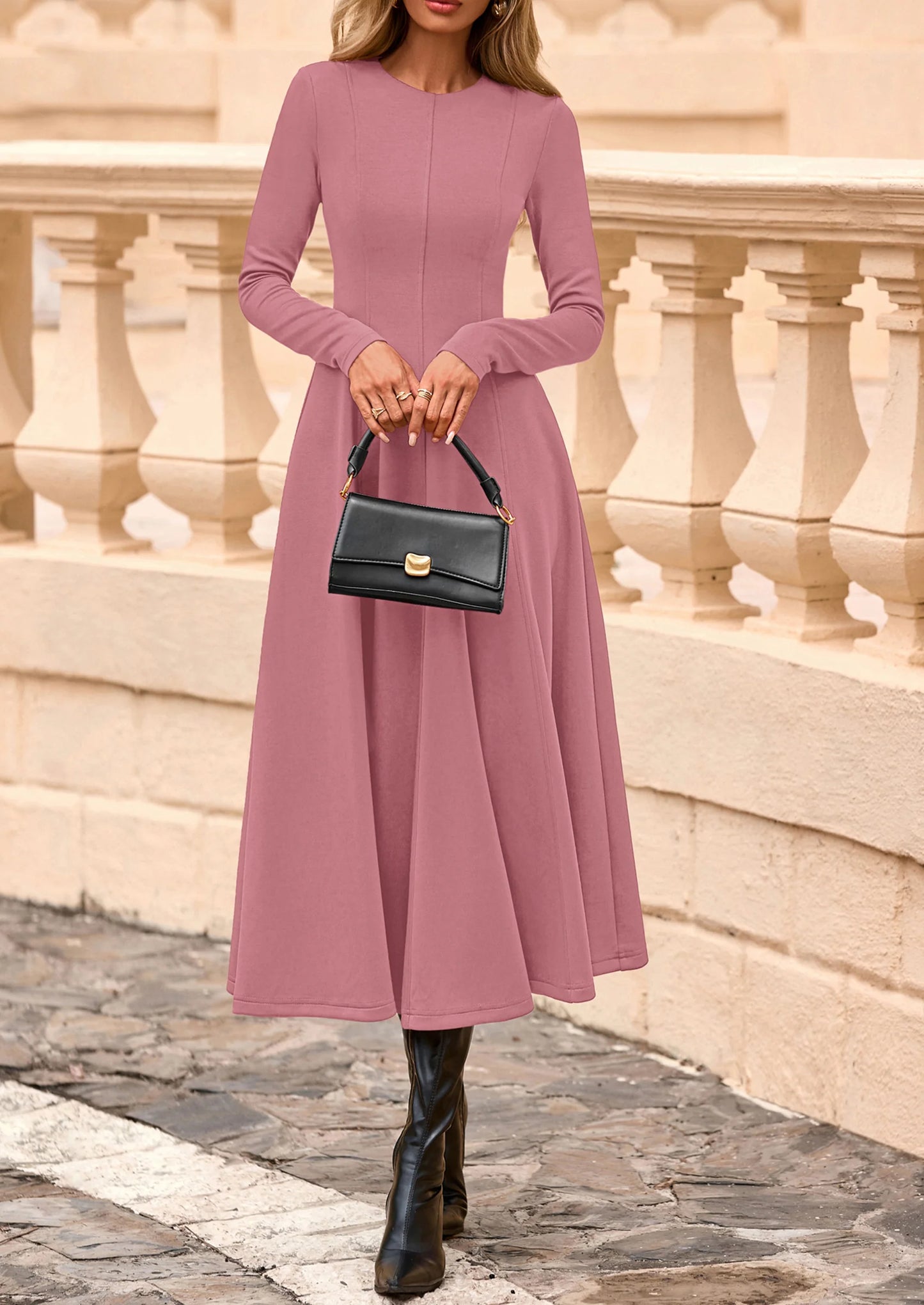 Women's Fall Long Sleeve Midi Dress Casual Elegant Ruffle Flowy A Line Swing Cocktail Party Dresses