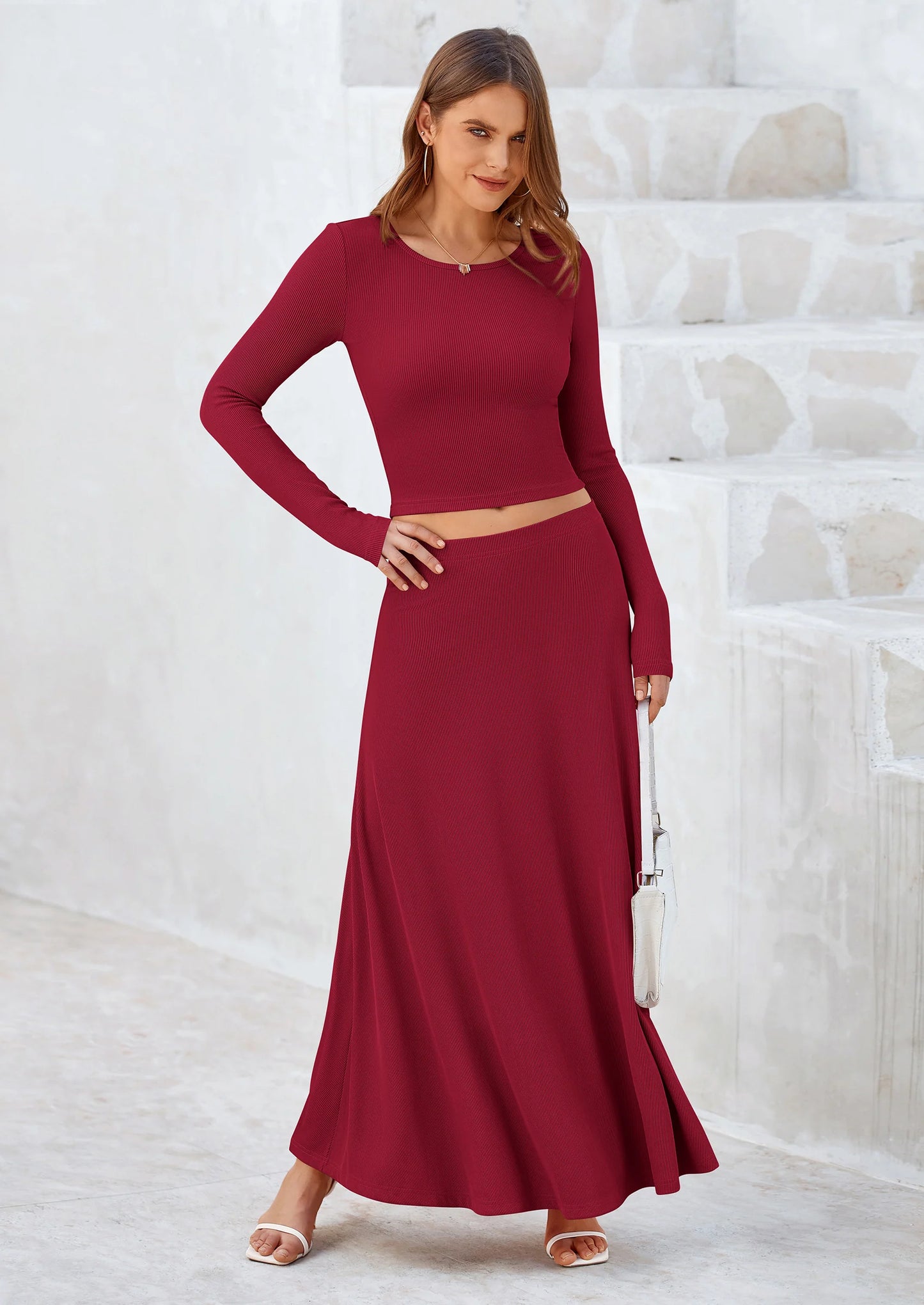 2 Piece Casual Ribbed Knit Long Sleeve Crop Tops Maxi Flowy Skirts Matching Sets
