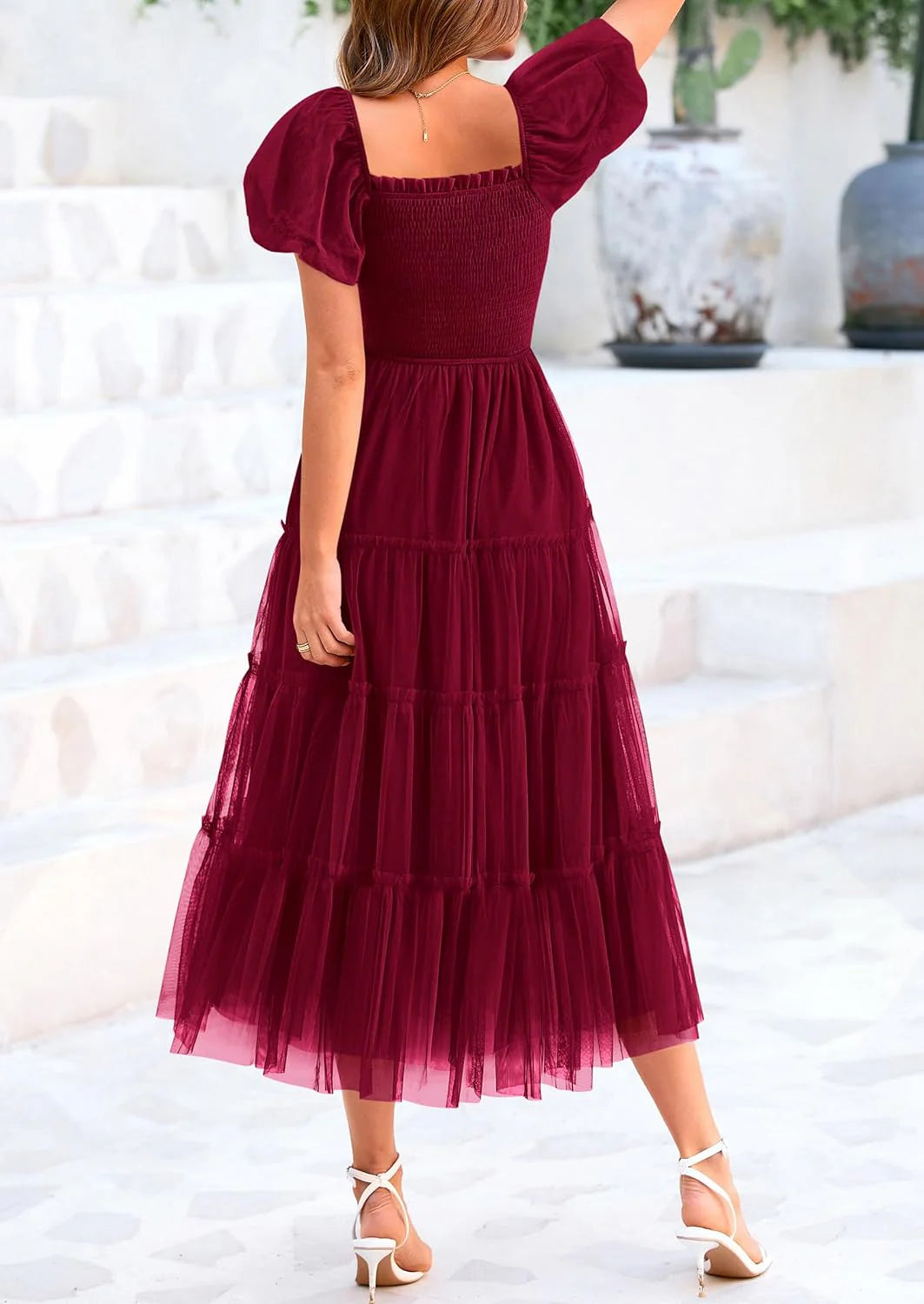 Women's Smocked Tulle Midi Dress Square Neck Puffy Short Sleeve Ruffle Wedding Guest Party Dresses