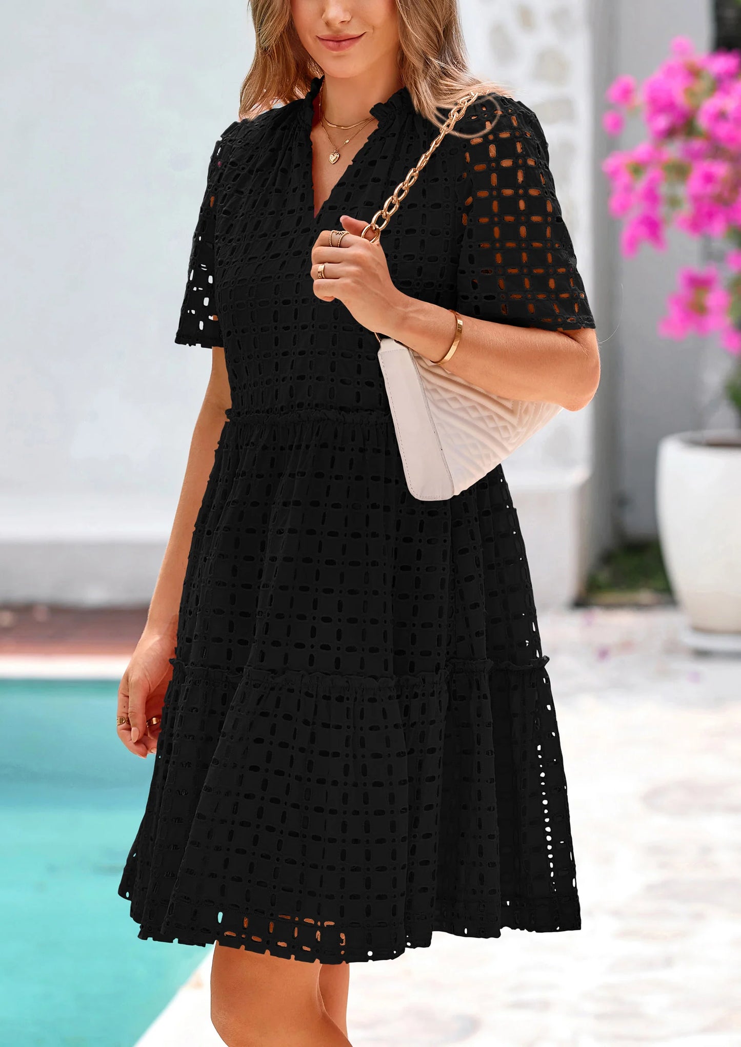 Women's Short Sleeve Mini Dress Summer V Neck Hollow Out Eyelet Ruffle A Line Swing Short Dresses