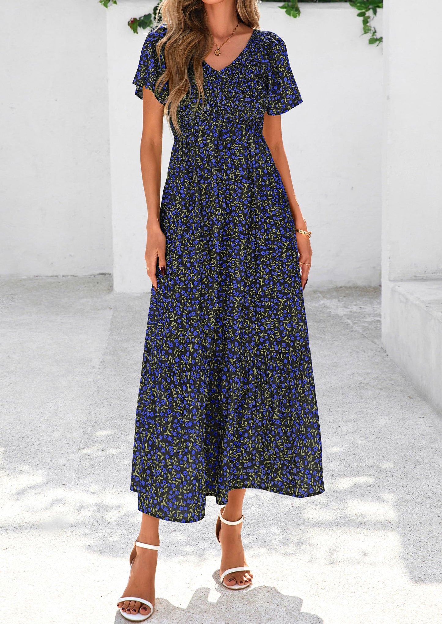 Women Floral Boho Maxi Dresses Short Sleeve V Neck Smocked A Line Long Flowy Beach Vacation Dress