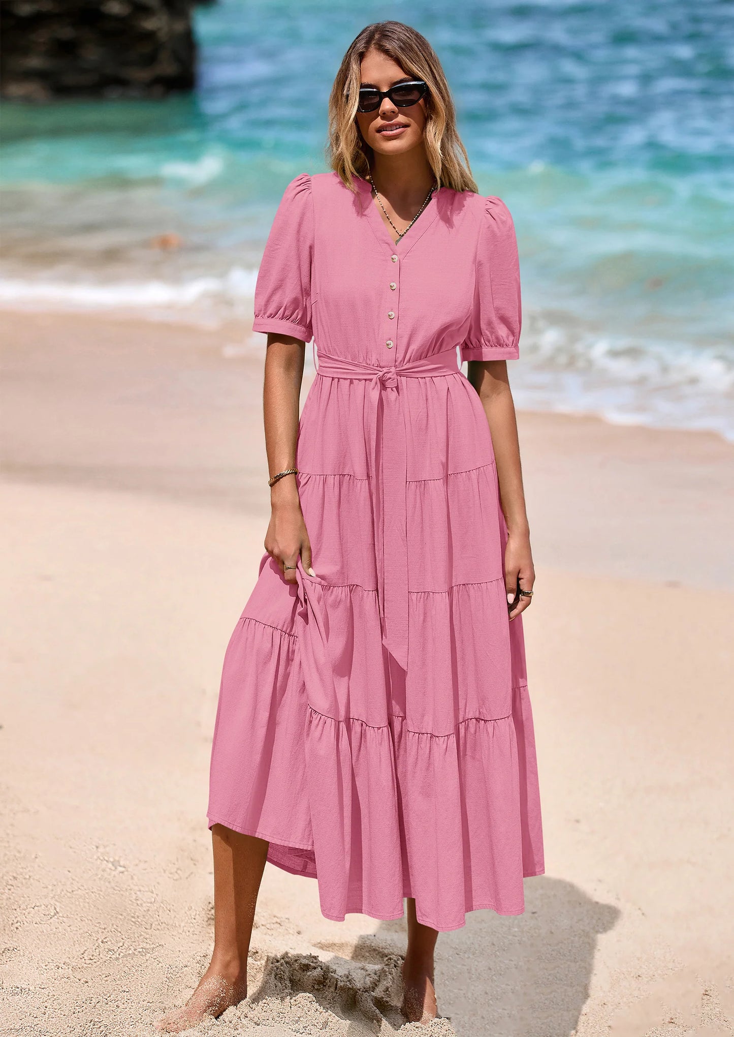 Women's Midi Dress Casual Short Sleeve V Neck Buttons Belted Ruffle A Line Flowy Dress with Pockets