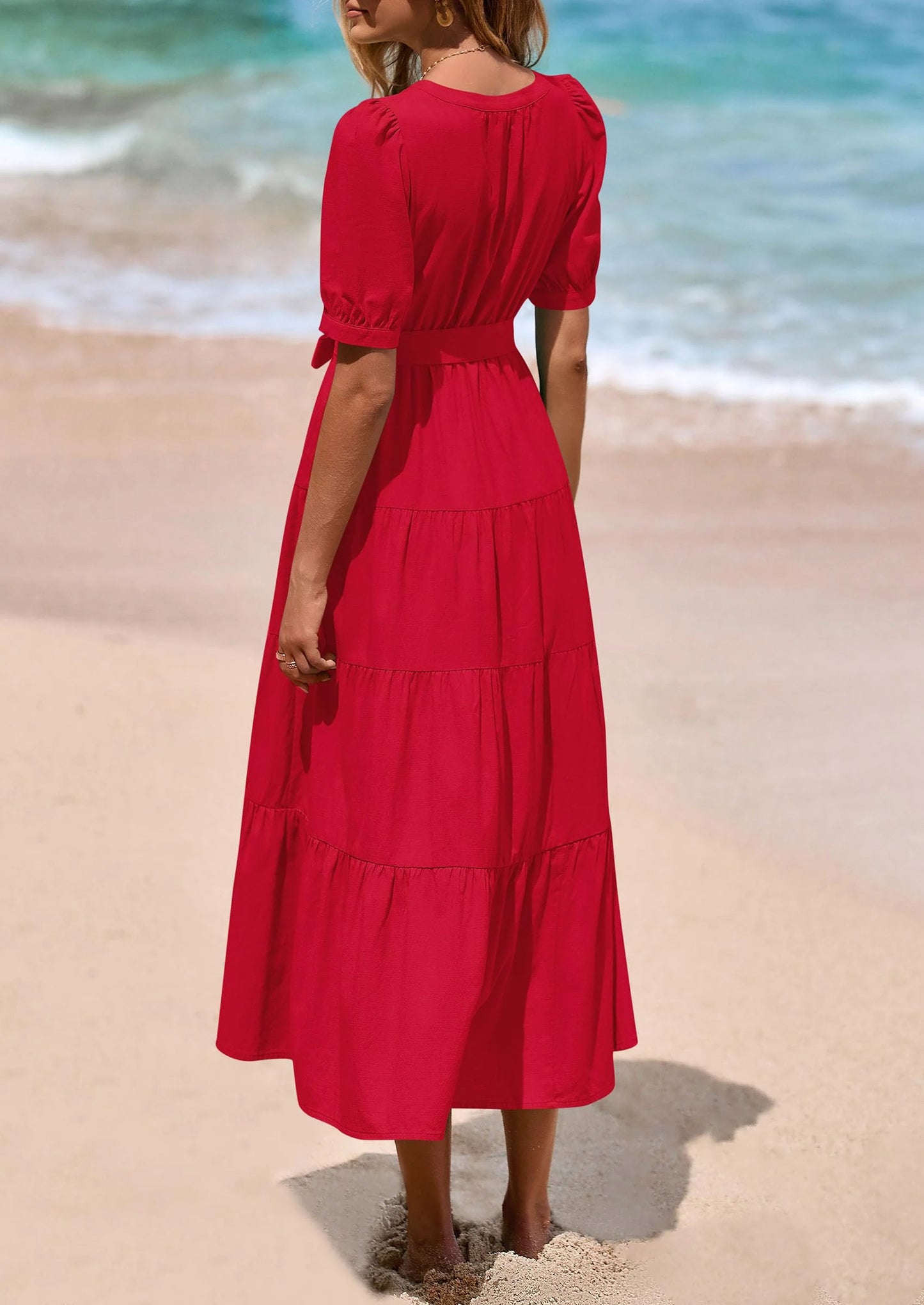Women's Midi Dress Casual Short Sleeve V Neck Buttons Belted Ruffle A Line Flowy Dress with Pockets