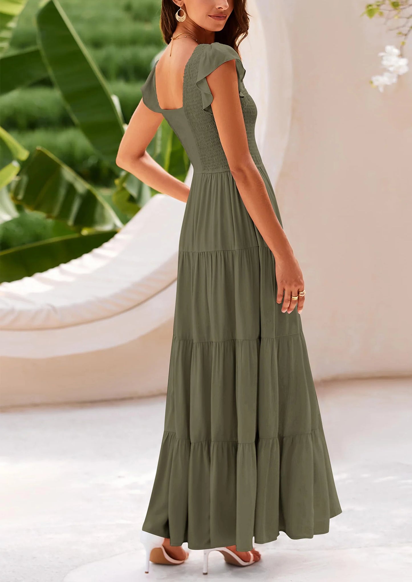 Women's Flowy Maxi Dress Casual Cap Sleeve V Neck Smocked Beach Sundress