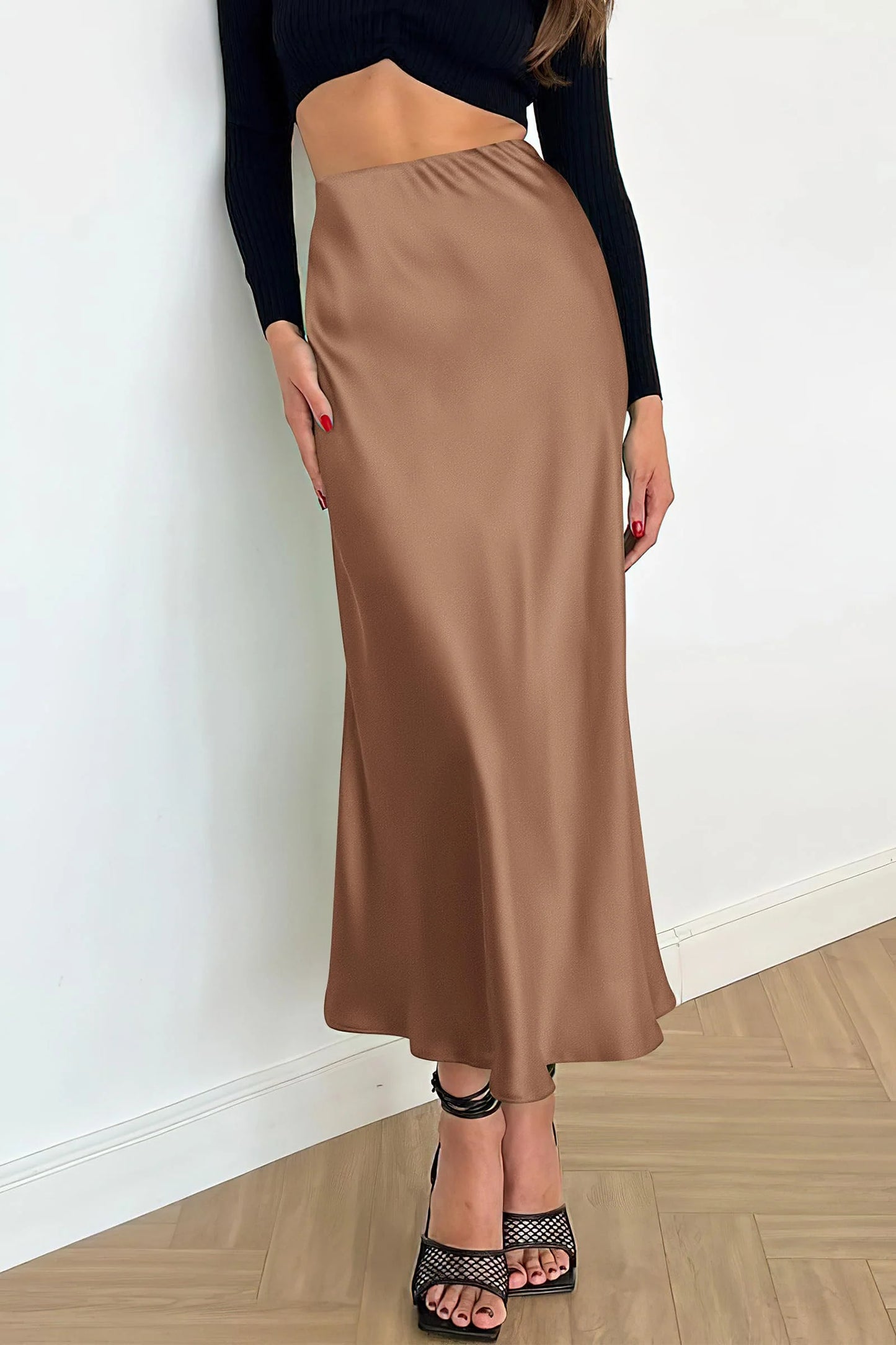 Women's Satin Skirts Dressy Casual Fall High Waisted Cocktail Wedding Flowy Elegant A Line Midi Skirt
