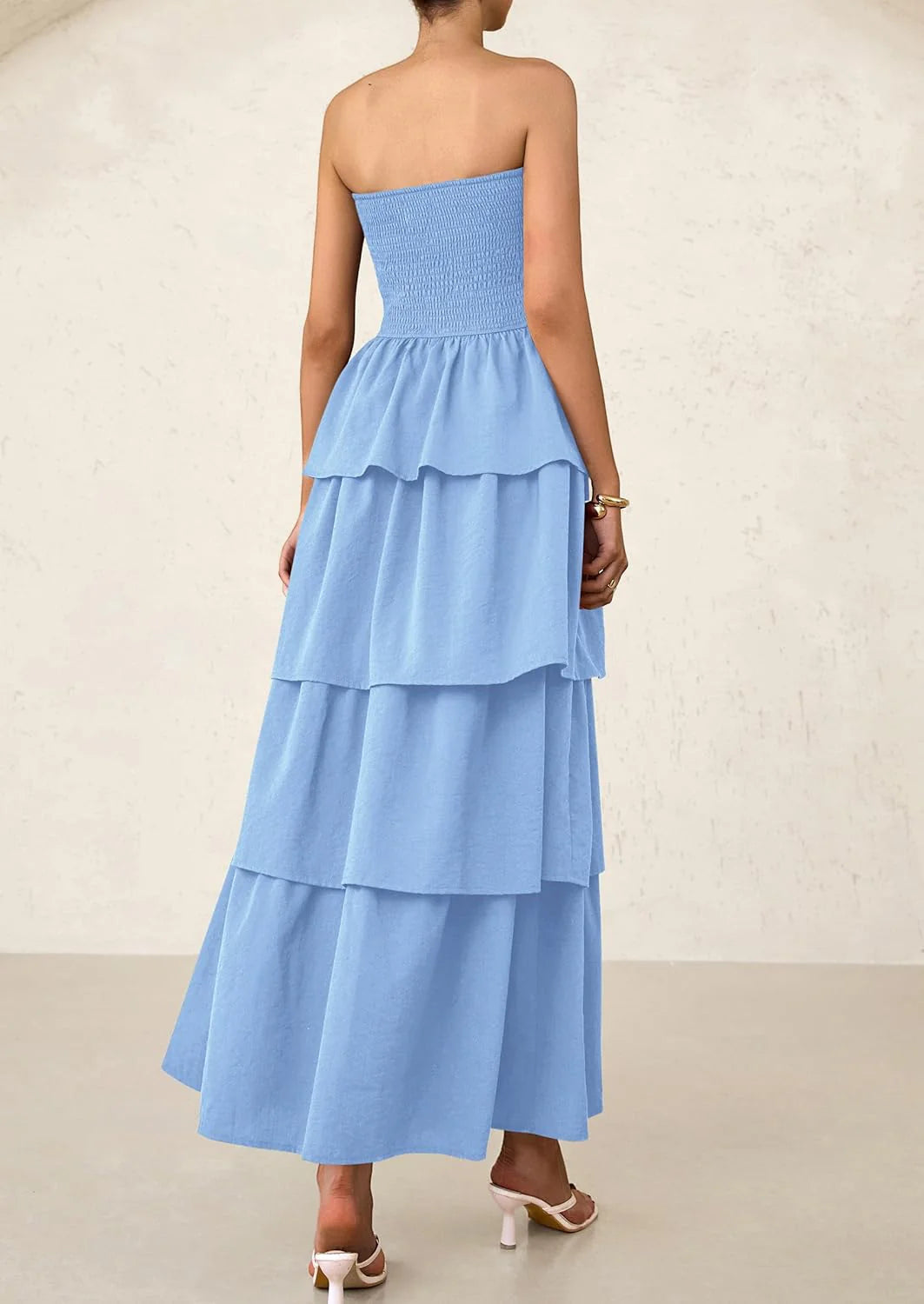 Maxi Dresses for Women Off Shoulder Smocked Tiered Ruffle Long Flowy Wedding Guest Dress
