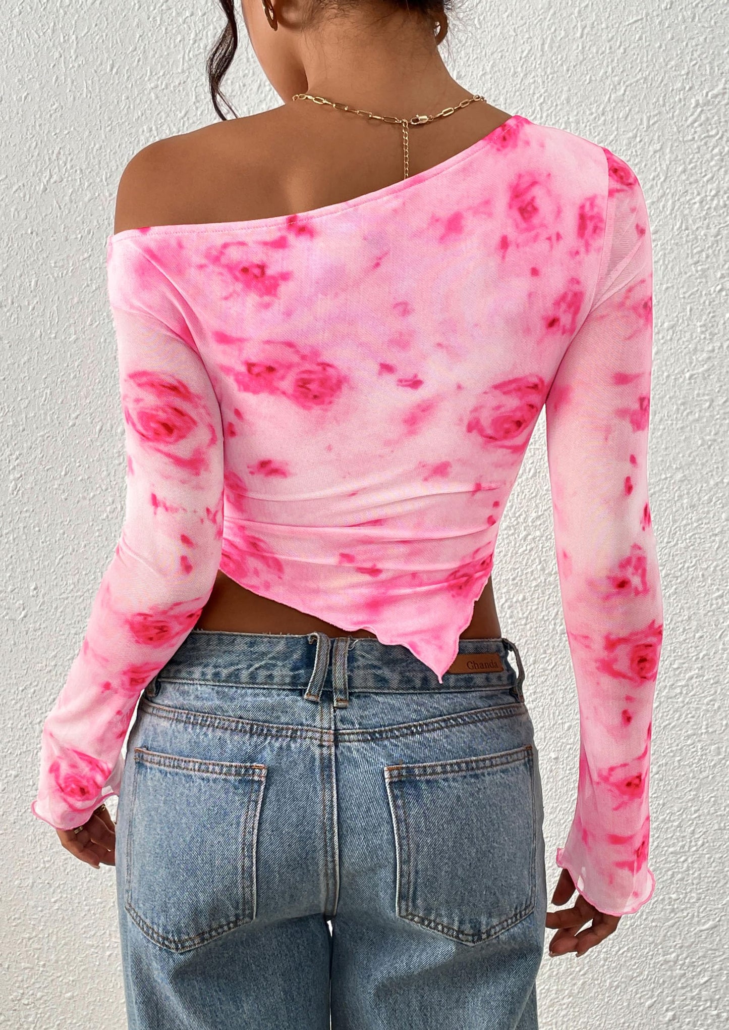 Womens Fall Trendy Off Shoulder Tops Tie Dye Mesh Long Sleeve Shirts Asymmetrical Ruched Floral Blouse