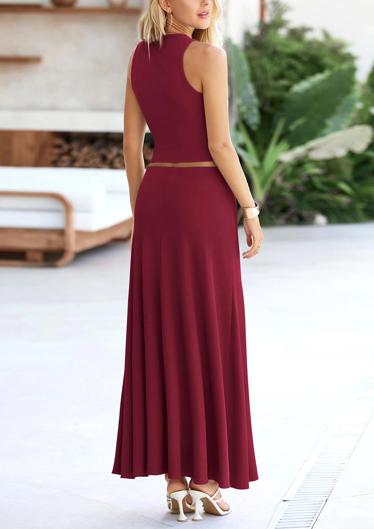 2 Piece Maxi Skirt Sets Casual Knit Cropped Tank Top High Waisted Long Skirts Outfit