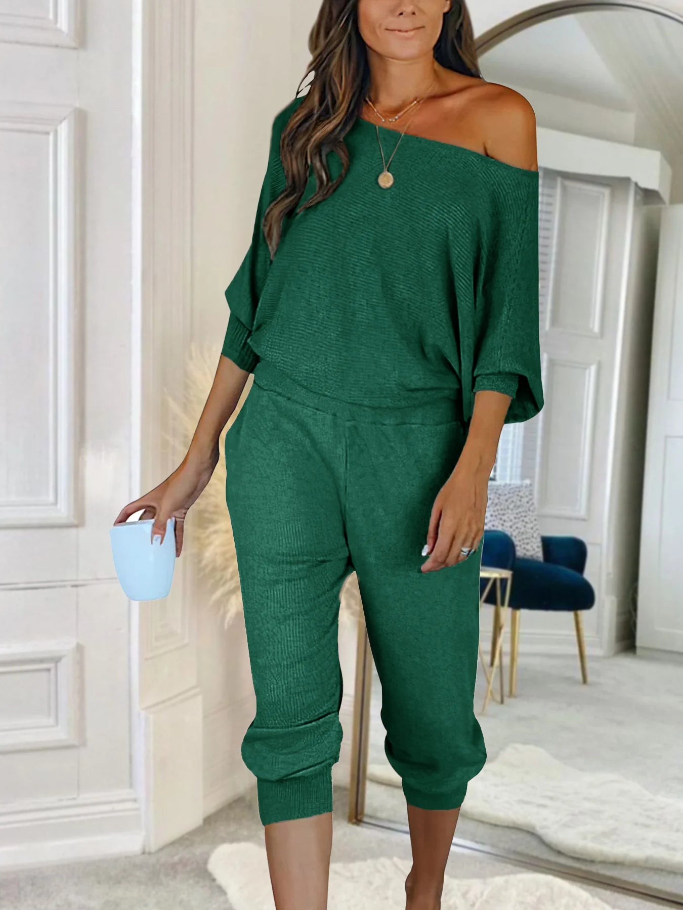 Women's 2 Piece Ribbed Tracksuit Outfits Off Shoulder Long Sleeve Pullover Lounge Pants with Pockets