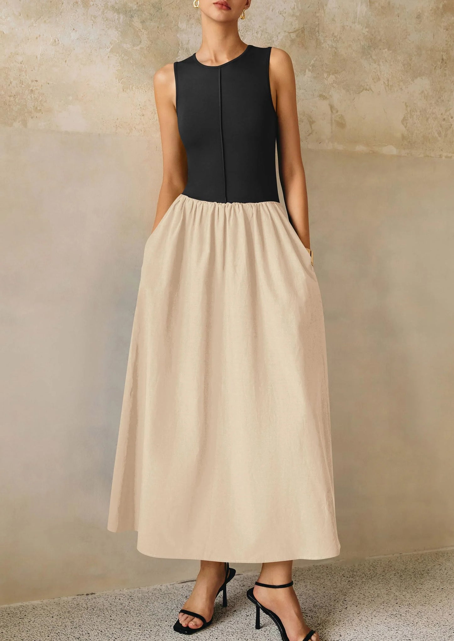 Women Maxi Dresses Casual Sleeveless Patchwork Knit Tank Dress Flowy Beach Sundress Long Dress