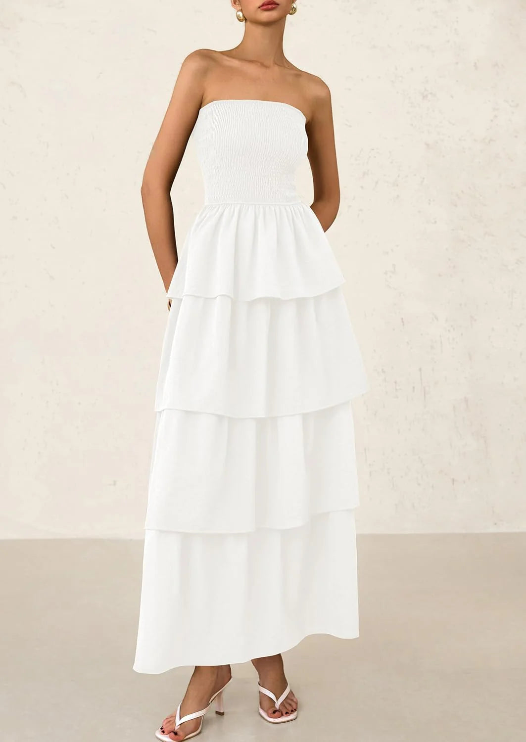 Maxi Dresses for Women Off Shoulder Smocked Tiered Ruffle Long Flowy Wedding Guest Dress