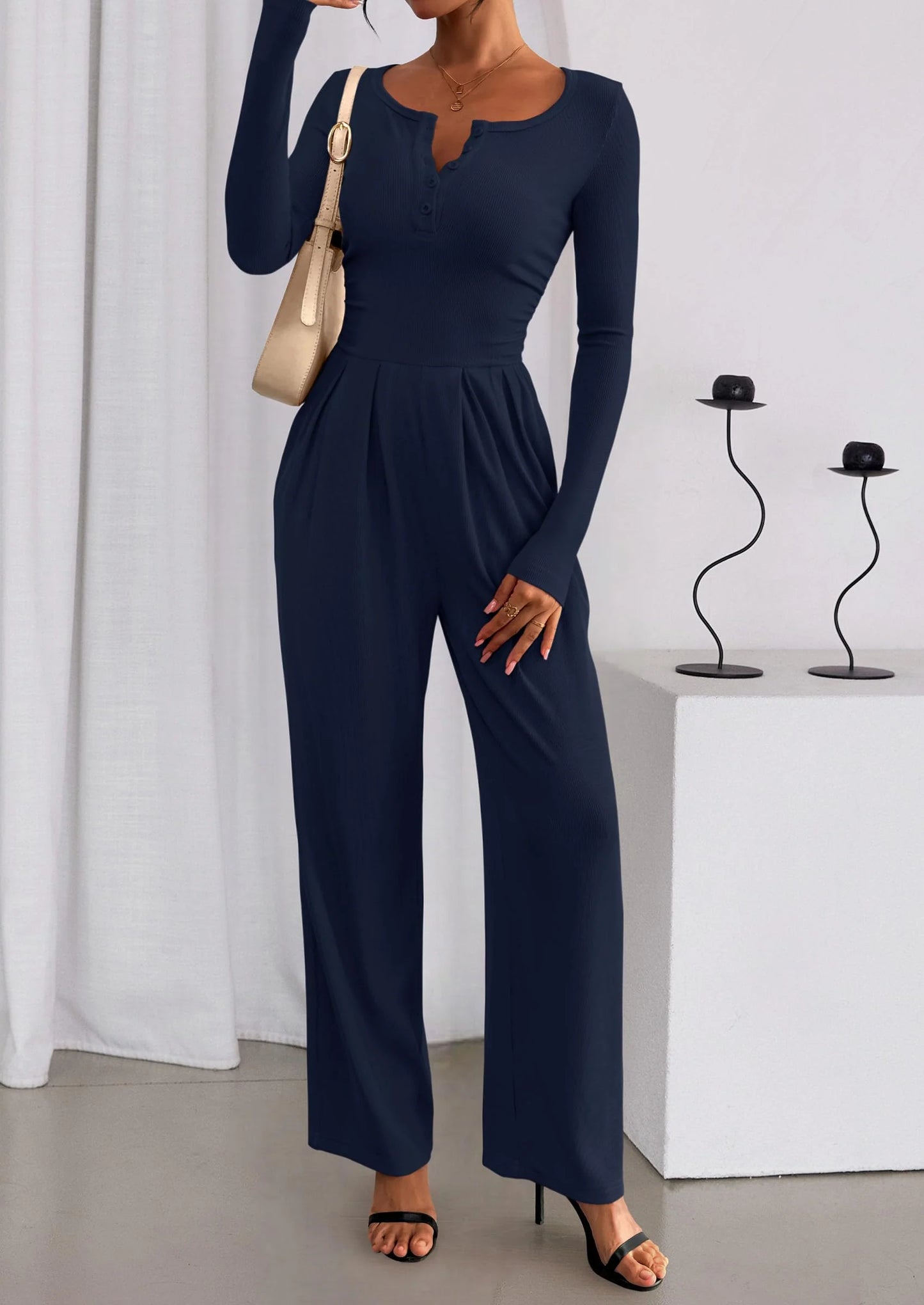 Jumpsuits for Women Dressy Casual Fall One Piece Outfits Long Sleeve Crew Neck Wide Leg Pants Rompers
