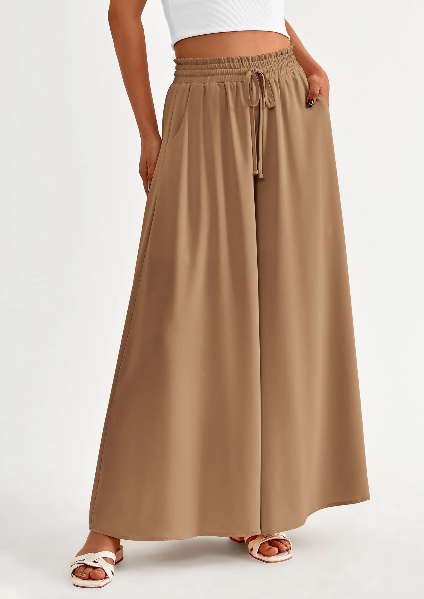Women's Summer Wide Leg Palazzo Pants High Waisted Flowy Pockets Trendy Casual Lounge Boho Beach Trousers