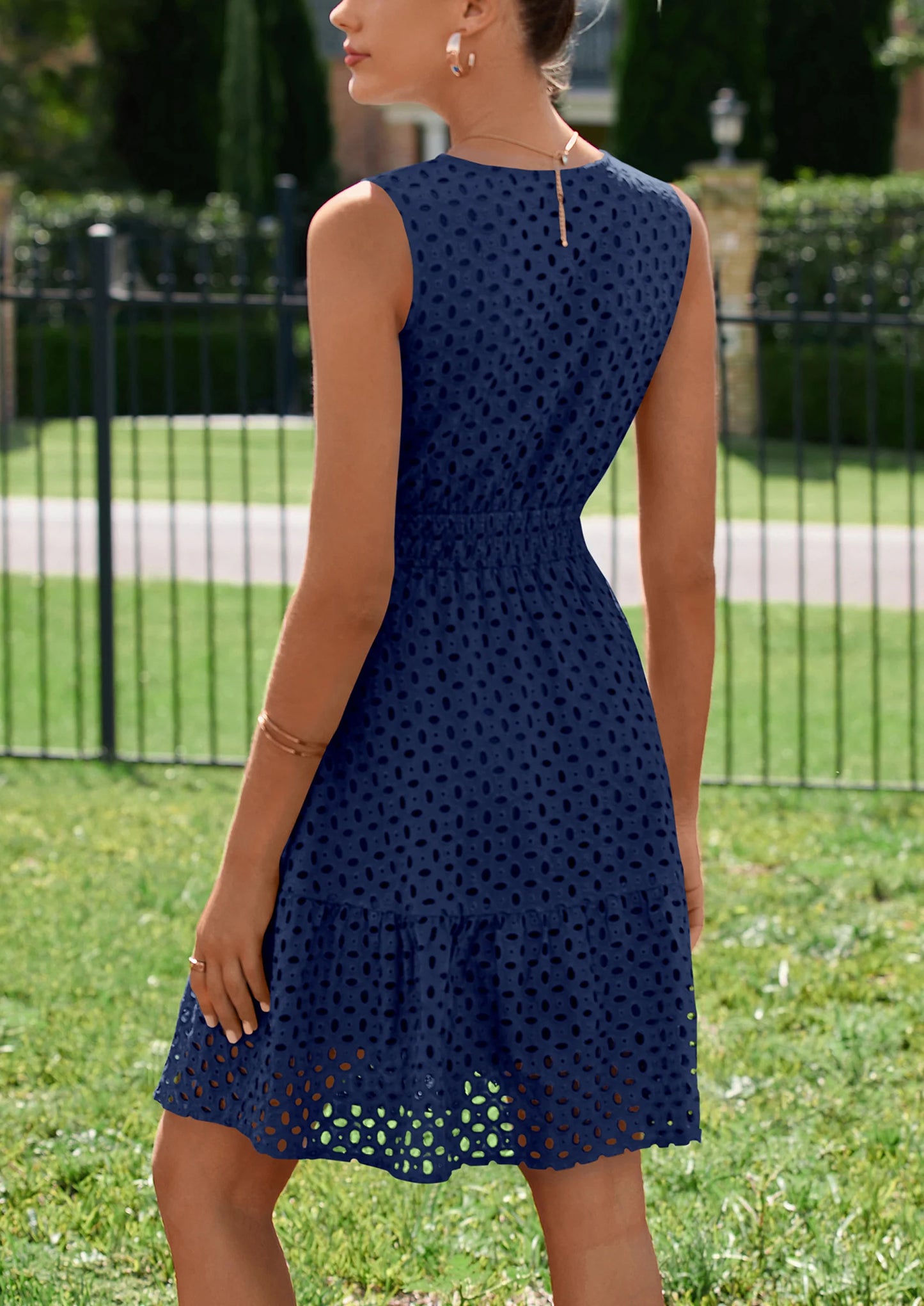 Women's Summer Dresses Sleeveless V Neck Eyelet Hollow Out Swing A Line Beach Vacation Sun Dress