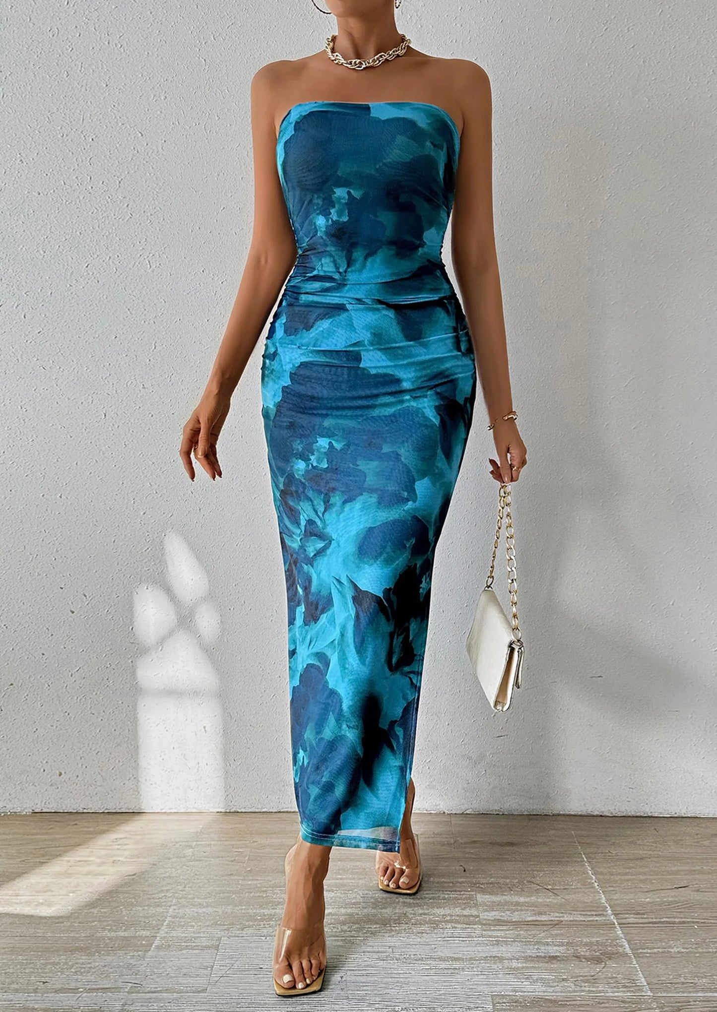 Women's Maxi Bodycon Dresses Strapless Tube Top Slit Floral Printed Party Club Long Dress