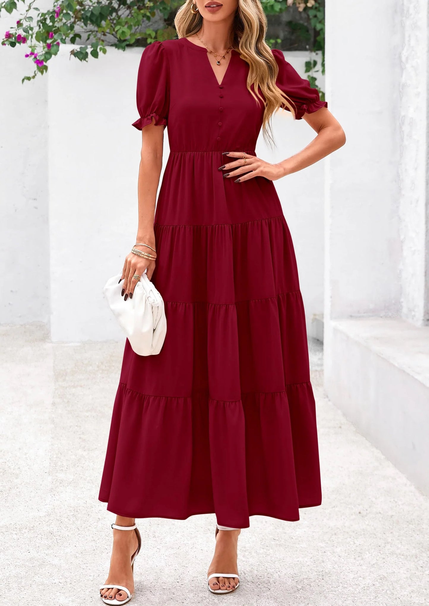 Women's Casual Short Sleeve V Neck Midi Dresses Spring A-line Tiered Wedding Guest Dress