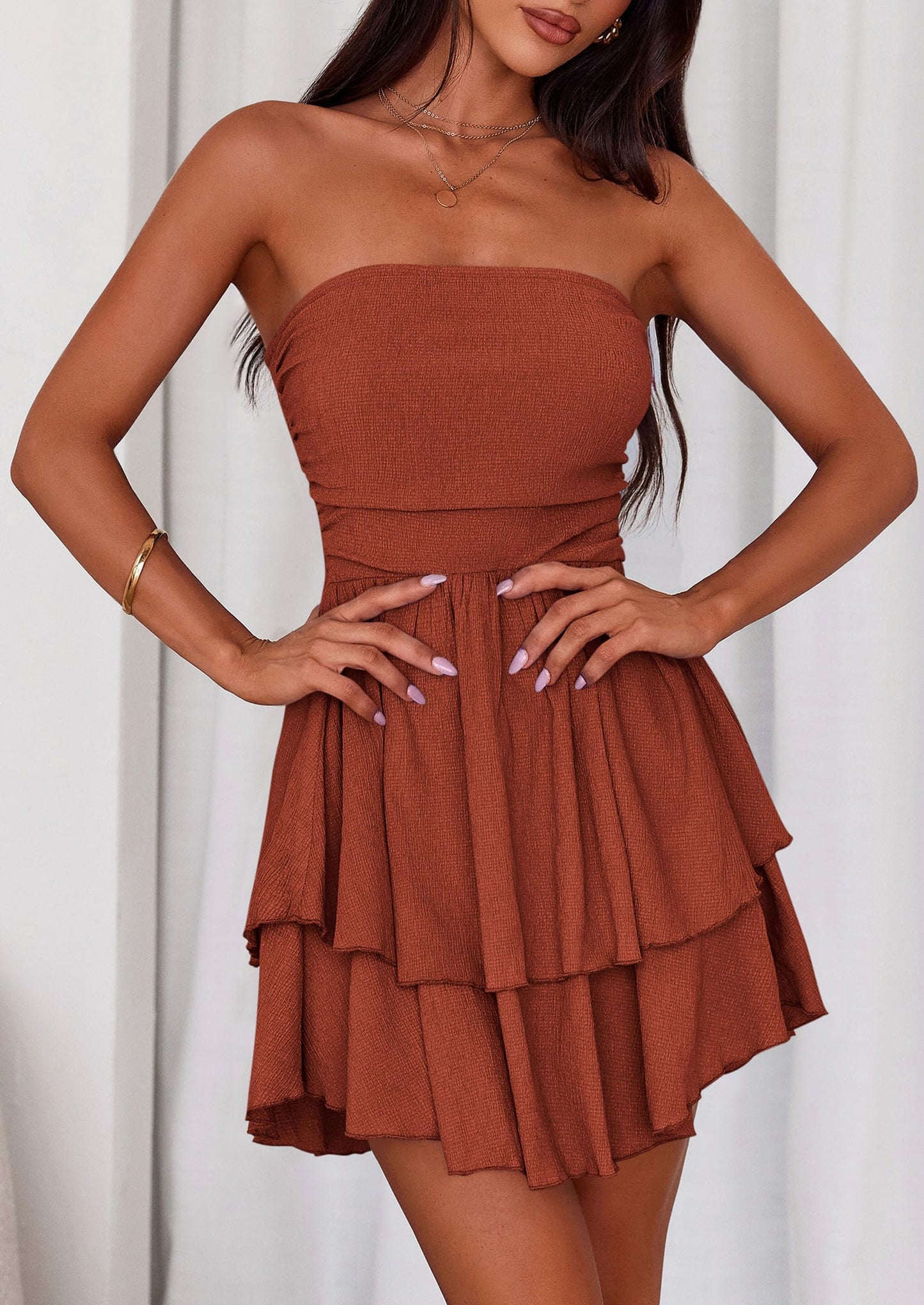 Women's Summer Strapless Tube Mini Dress Off Shoulder Smocked Ruffle A Line Flowy Short Party Club Dresses