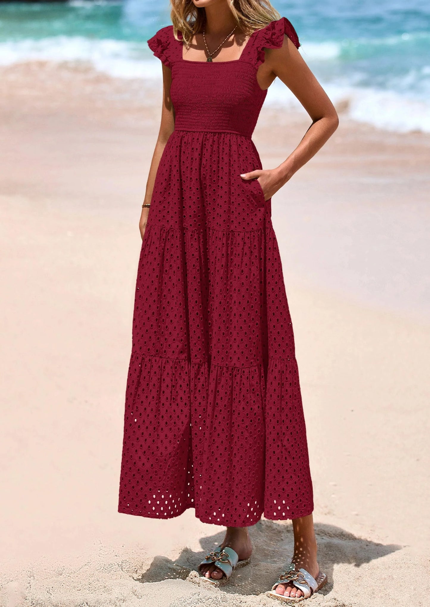Womens Square Neck Maxi Dresses Cap Sleeve Eyelet Smocked Tiered A Line Flowy Long Dress with Pockets