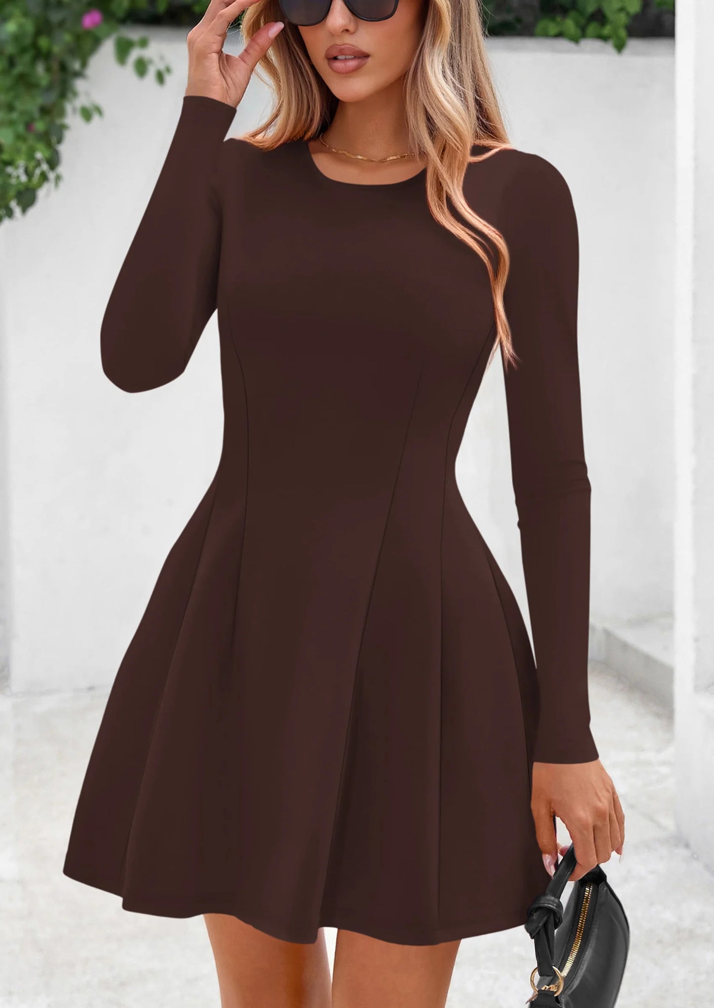 Long Sleeve Mini Dress for Women Fall Crewneck Knit Pleated Babydoll A Line Soft Casual Short Party Dresses